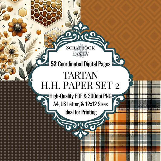 Introducing the beeswax Paper Set from Scrapbook Easily's Scrapbooking Store, featuring 52 coordinated digital pages adorned with nature-inspired patterns, honeycomb motifs, & tartan designs. This versatile set is available in high-quality PDF & 300dpi PNG formats, perfect for A4, US Letter, & 12x12 printing sizes. Ideal for crafting unique & beautiful scrapbooking projects & home or professional printing needs.