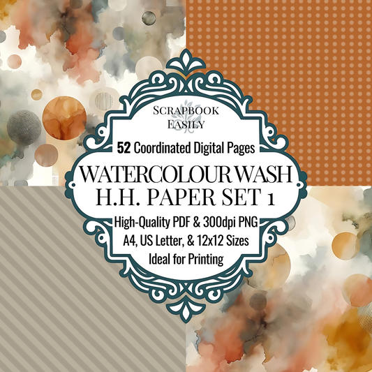 Discover this dreamy Paper Set from Scrapbook Easily's Scrapbooking Store, offering 52 digital pages of ethereal watercolour washes in soothing earth tones. This set includes high-quality PDF & 300dpi PNG formats, sized for A4, US Letter, & 12x12 printing. Perfect for enhancing any scrapbooking project with its soft, flowing designs, ideal for both home & professional printing.