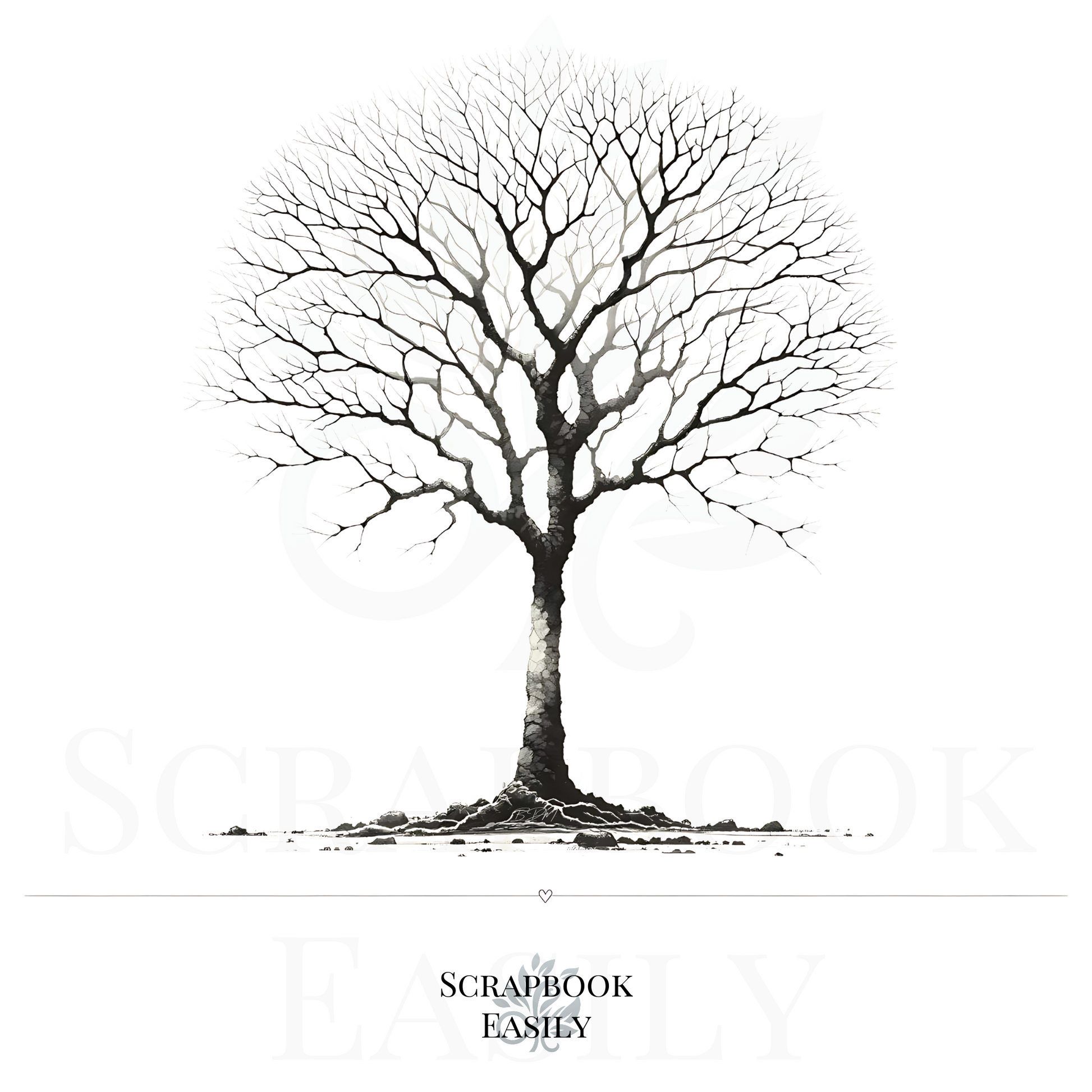 Artistic depiction of a Horse Chestnut Tree, showcasing a stark & detailed silhouette against a white background. This versatile artwork is perfect for nature-themed decor, enhancing educational environments, or adding a natural flair to scrapbooking projects. Ideal for customisation with watercolour pencils or as a unique fingerprint tree for special events. Available from Scrapbook Easily.