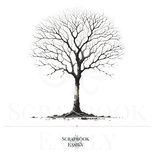 Artistic depiction of a Horse Chestnut Tree, showcasing a stark & detailed silhouette against a white background. This versatile artwork is perfect for nature-themed decor, enhancing educational environments, or adding a natural flair to scrapbooking projects. Ideal for customisation with watercolour pencils or as a unique fingerprint tree for special events. Available from Scrapbook Easily.