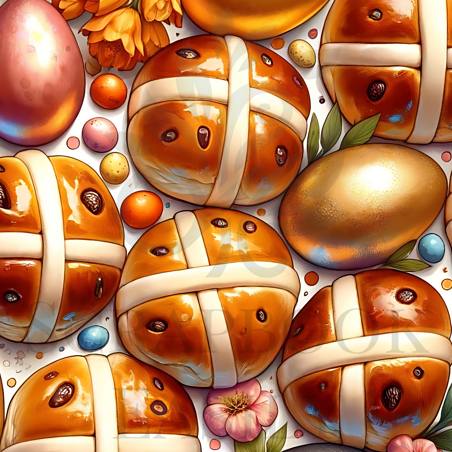 Celebrate Easter with Scrapbook Easily’s digital paper featuring hot-cross buns & glossy eggs amidst floral decor.