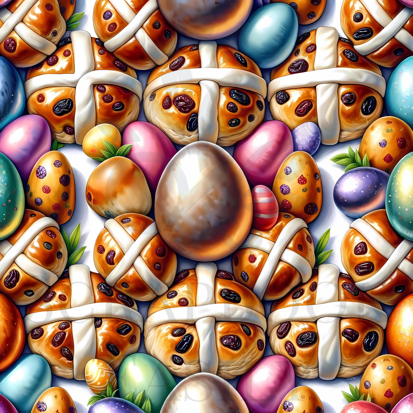 Hot-Cross Buns 2: Detailed illustration of hot-cross buns with golden, colourful Easter eggs & flowers, perfect for online scrapbooking & printable designs. Scrapbooking Store: Scrapbook Easily, www.scrapbookeasily.com.