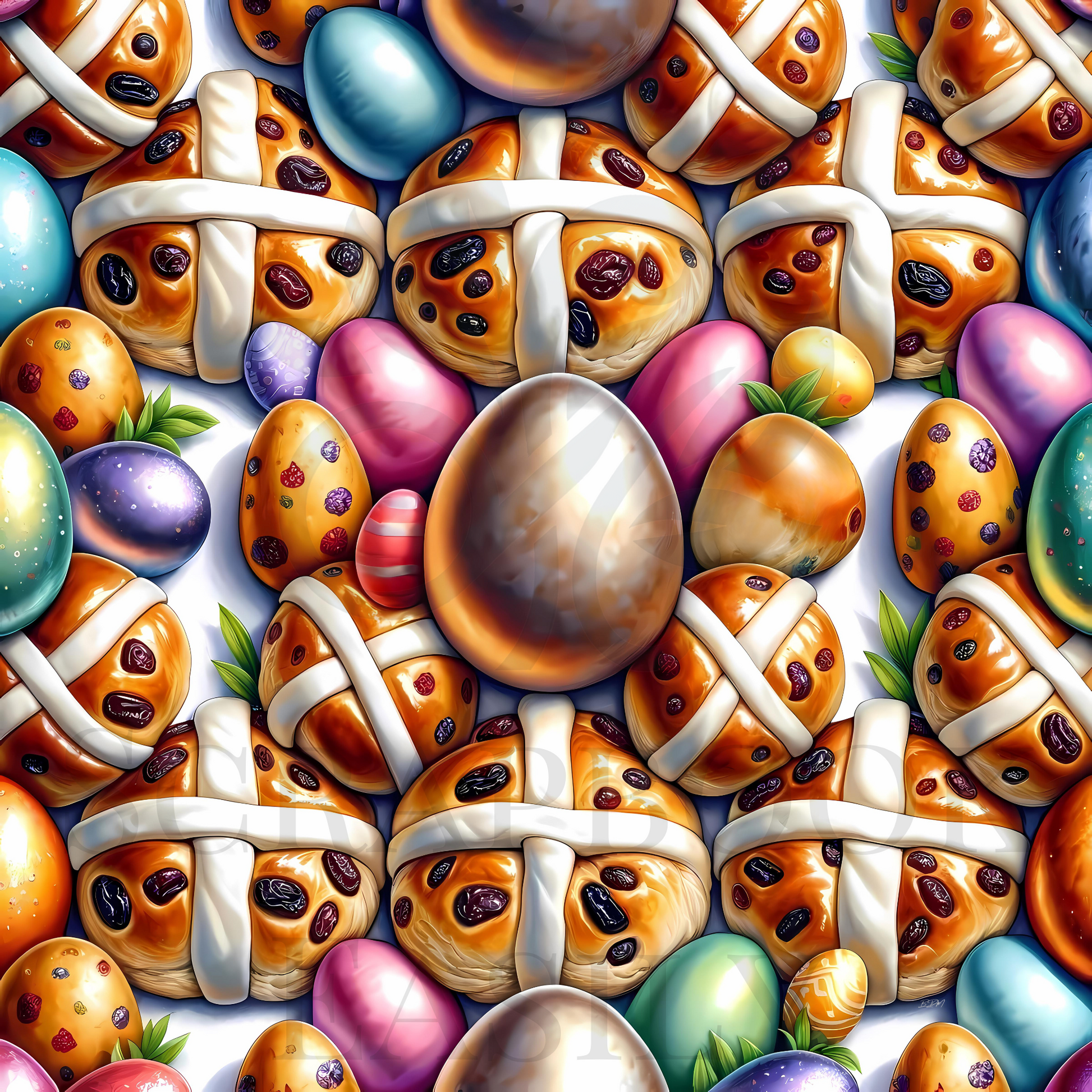 Vibrant hot-cross buns & Easter eggs design, ideal for enhancing scrapbooking projects & printables, from Scrapbook Easily, www.scrapbookeasily.com.