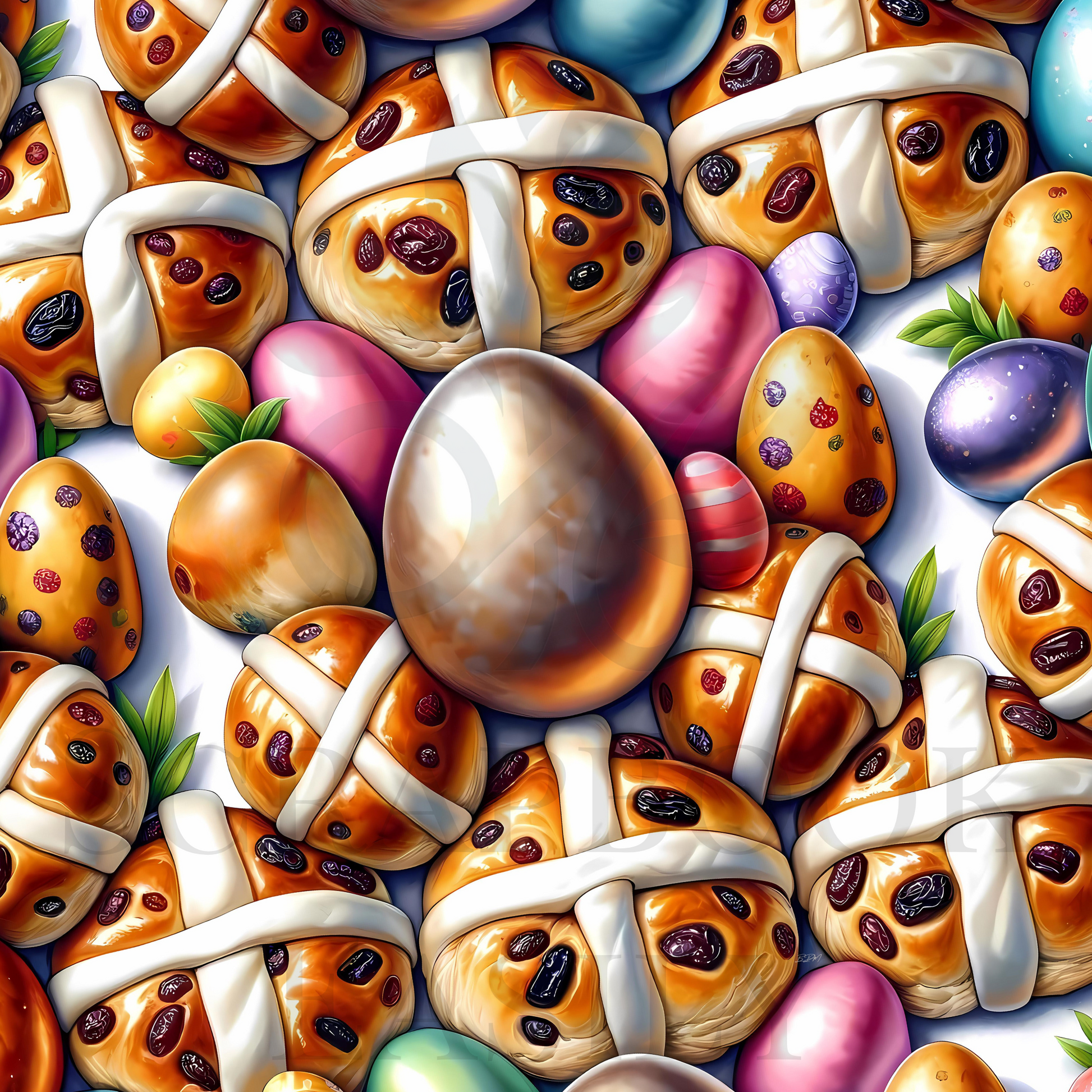 Detailed hot-cross buns & Easter eggs pattern for digital scrapbooking & print use. Festive & colourful. Scrapbooking Store: Scrapbook Easily, www.scrapbookeasily.com.