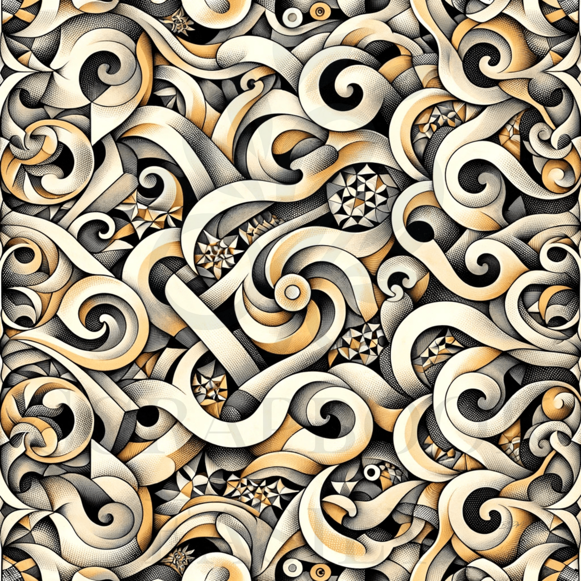 Monochrome optical illusion digital paper featuring a seamless pattern of swirling black & gold motifs, perfect for scrapbooking printables & crafts, available for download.