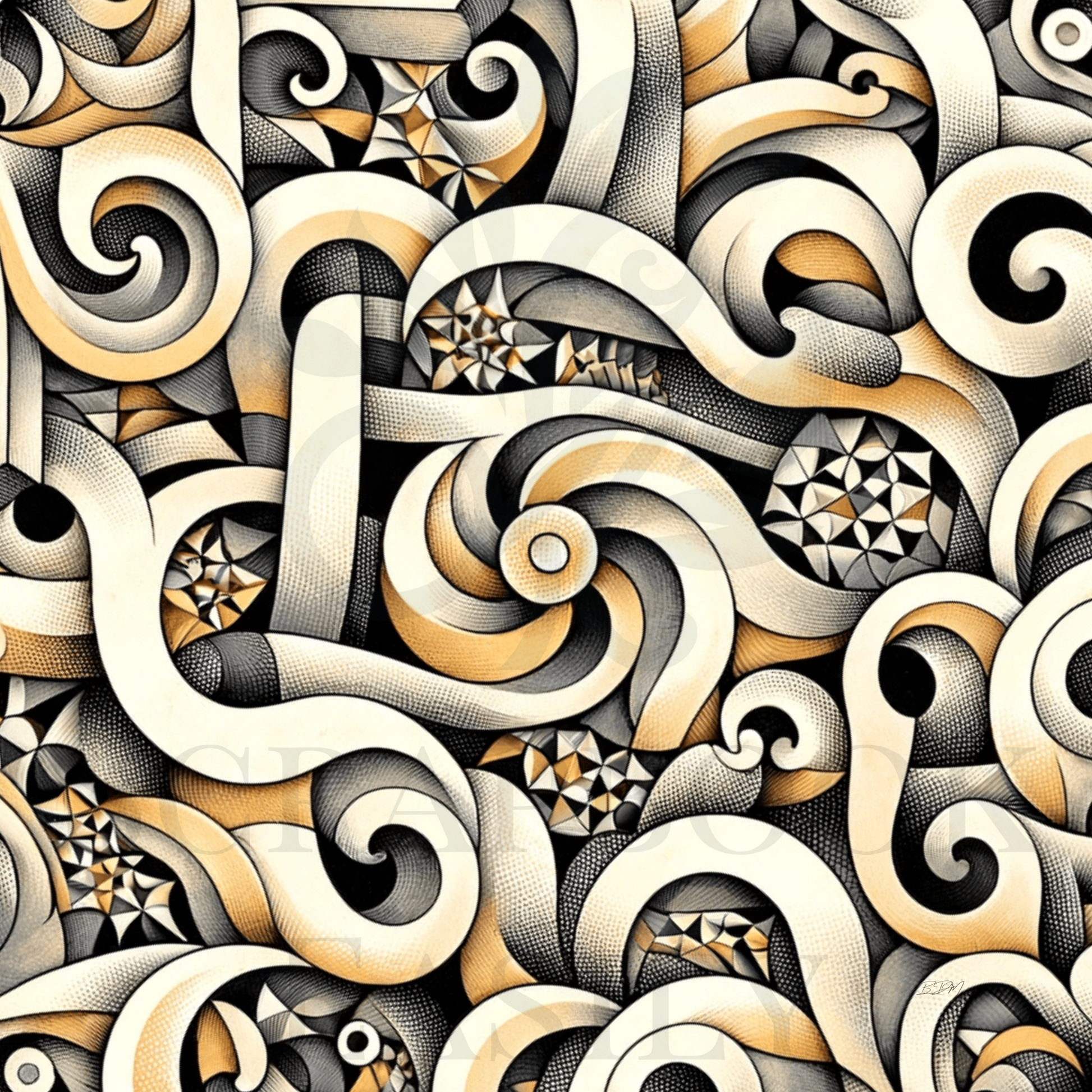 Artistic black & beige abstract swirl pattern with a 3-dimensional look, featuring intricate geometric details, perfect for print & download for creative scrapbooking projects.