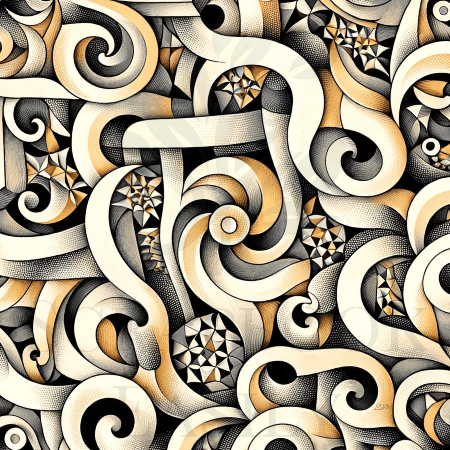 Complex interlocking swirls & geometric shapes in a monochrome palette, ideal for scrapbooking enthusiasts seeking printable intricate patterns.