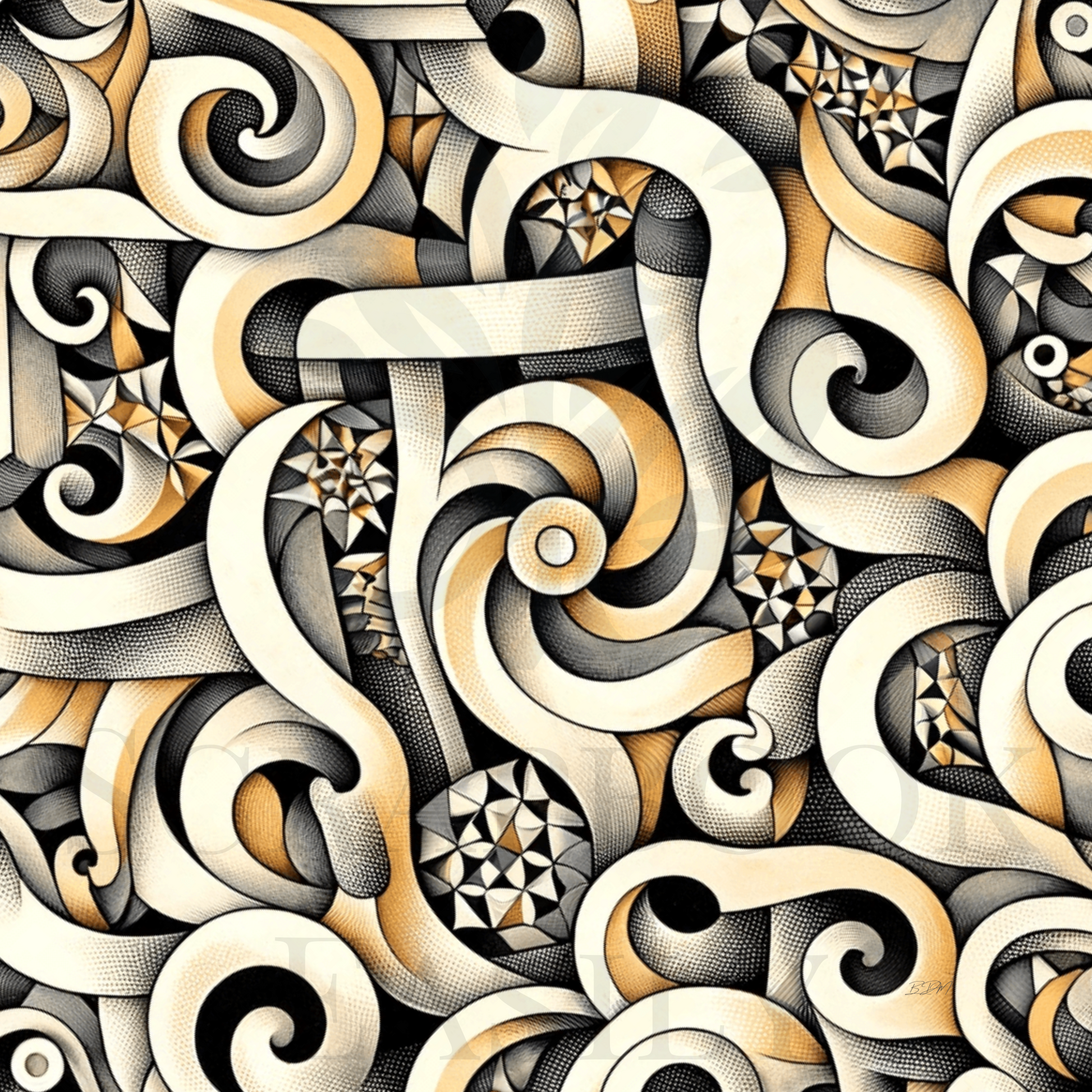 Complex interlocking swirls & geometric shapes in a monochrome palette, ideal for scrapbooking enthusiasts seeking printable intricate patterns.