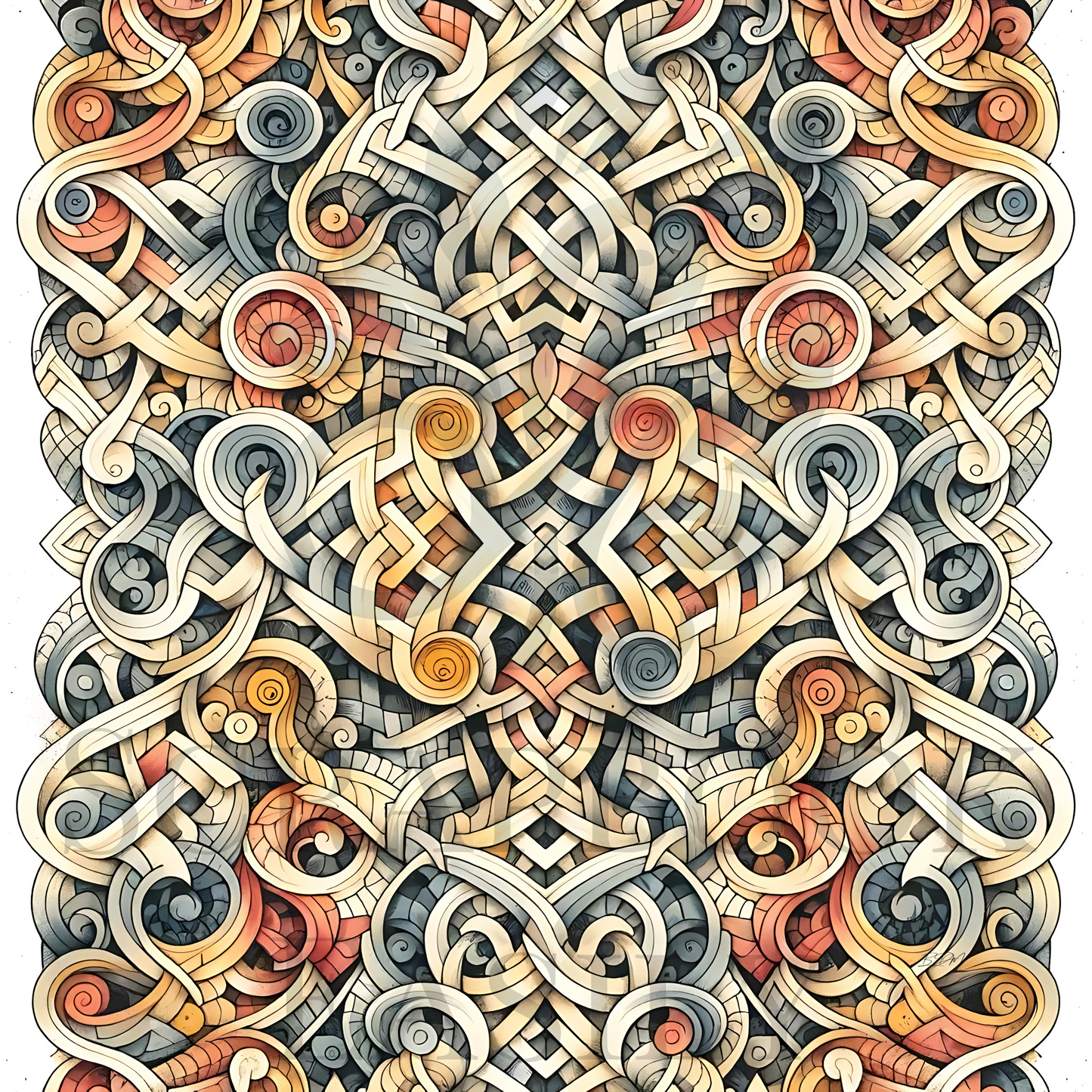 Intricate Celtic knot design with a 3D illusion, featuring intertwining ribbons & spirals in a balanced earth-toned color palette, available for digital download for scrapbooking, crafting, & print use.