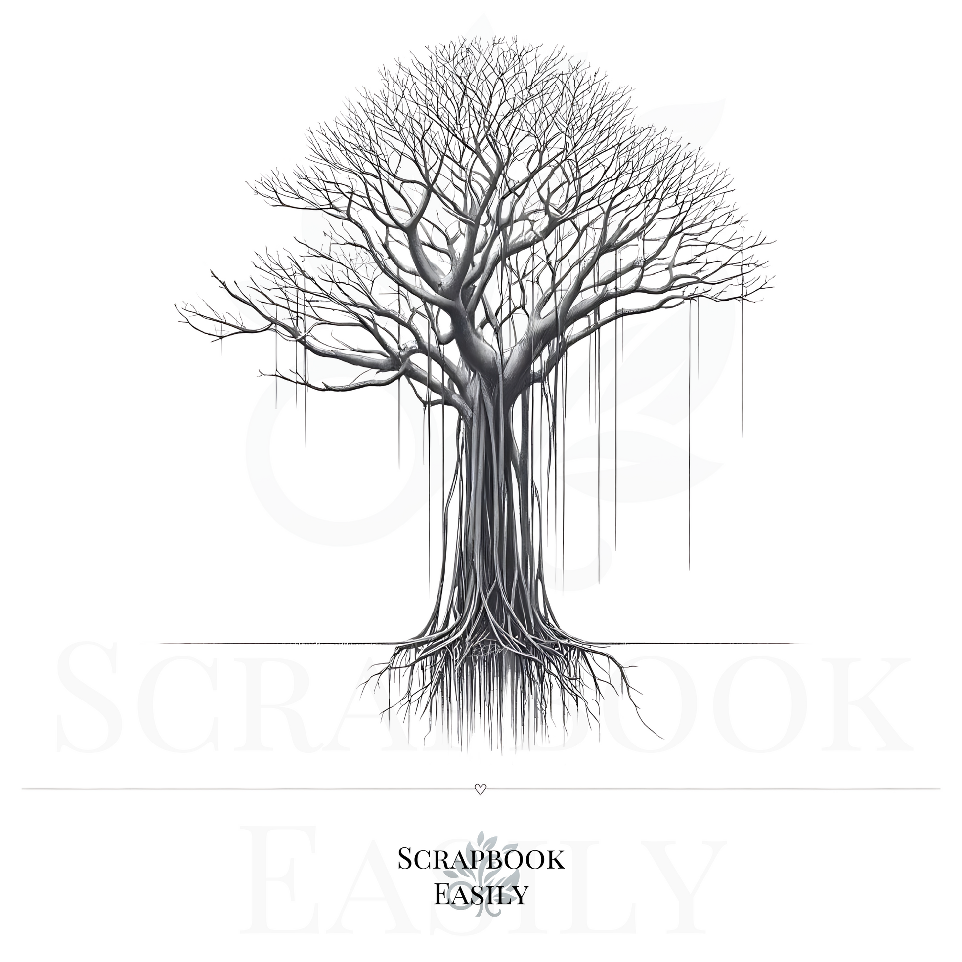 Artistic illustration of an Indian Banyan Tree, perfect for Scrapbook Easily's range of nature-themed decor & crafting projects. The detailed black & white drawing showcases sprawling branches & intricate root structures, ideal for educational displays, creating elegant wall art with watercolour customization, or as a captivating backdrop in scrapbooking. Also suitable for fingerprint tree art, providing a unique lasting memento for special occasions.