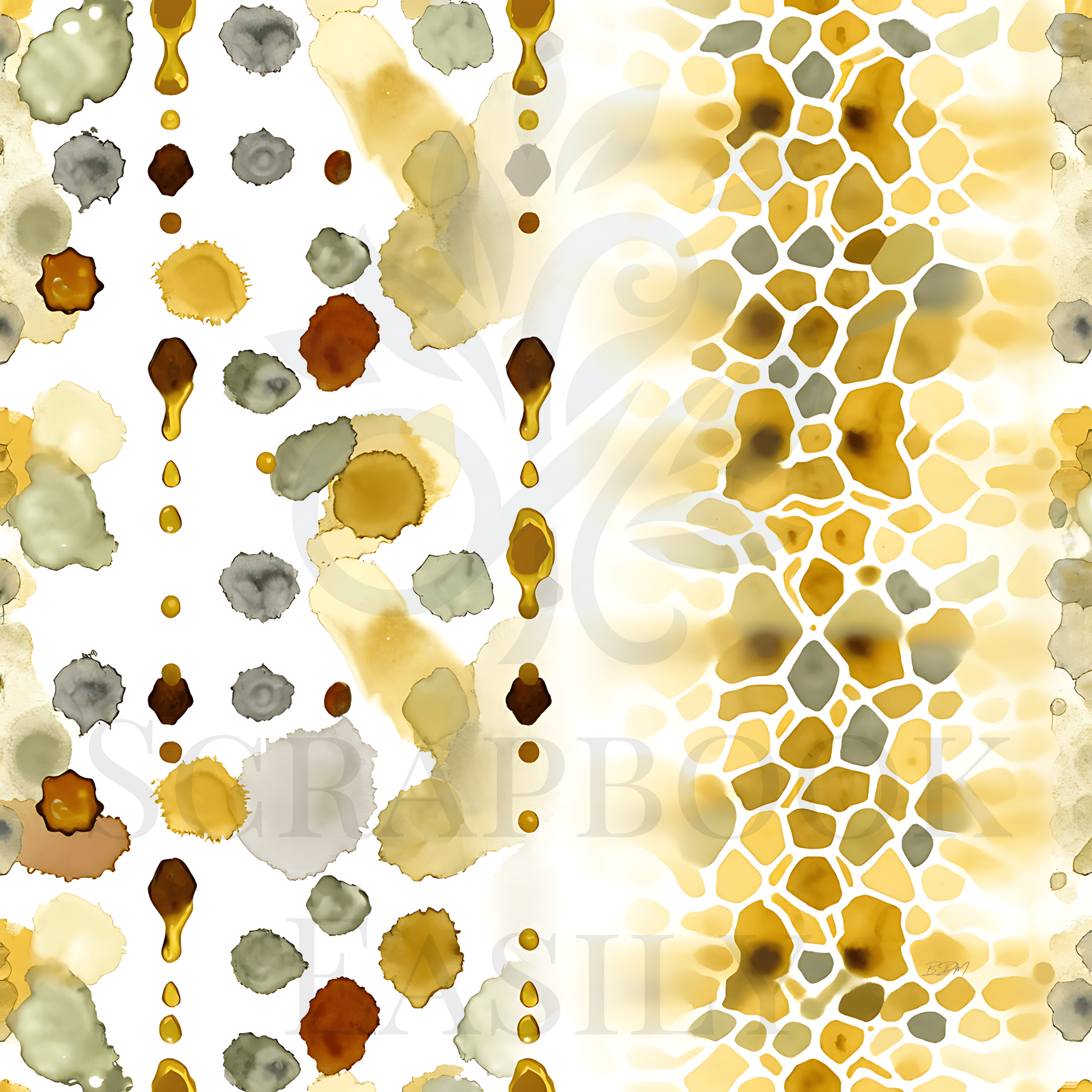 Artistic scrapbooking paper featuring honeycomb design with dripping honey & watercolor blots in earthy tones, ideal for craft, digital arts, & printable scrapbook layouts.