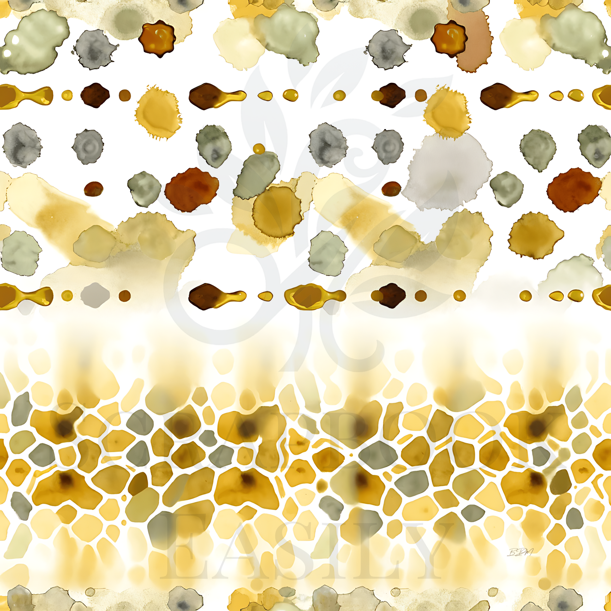 Seamless pattern for scrapbooking with a honeycomb motif, golden honey drips, & assorted watercolor blots in natural hues, perfect for crafting, design projects, & printable decorations.