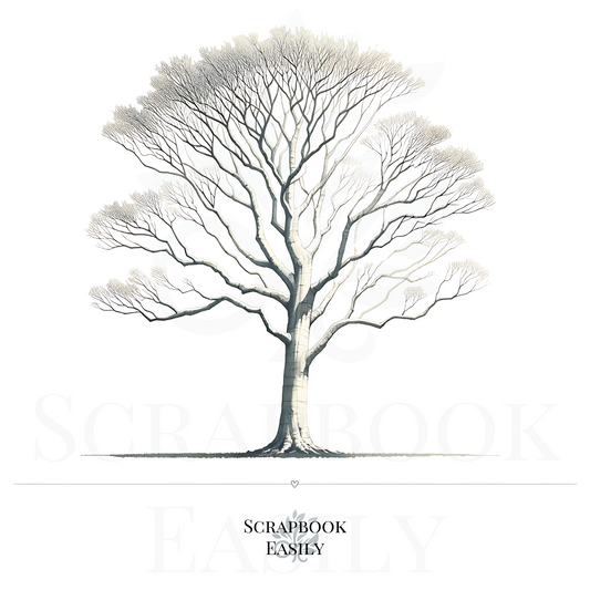 Digital illustration of a London Plane Tree, depicted with detailed, widespread branches & a sturdy trunk. Ideal for nature-themed decor, enhancing educational projects, or adding a natural element to scrapbooking. Customise this artwork with watercolour pencils for personal projects or use it for fingerprint tree art at special events. Available at Scrapbook Easily for crafting applications.