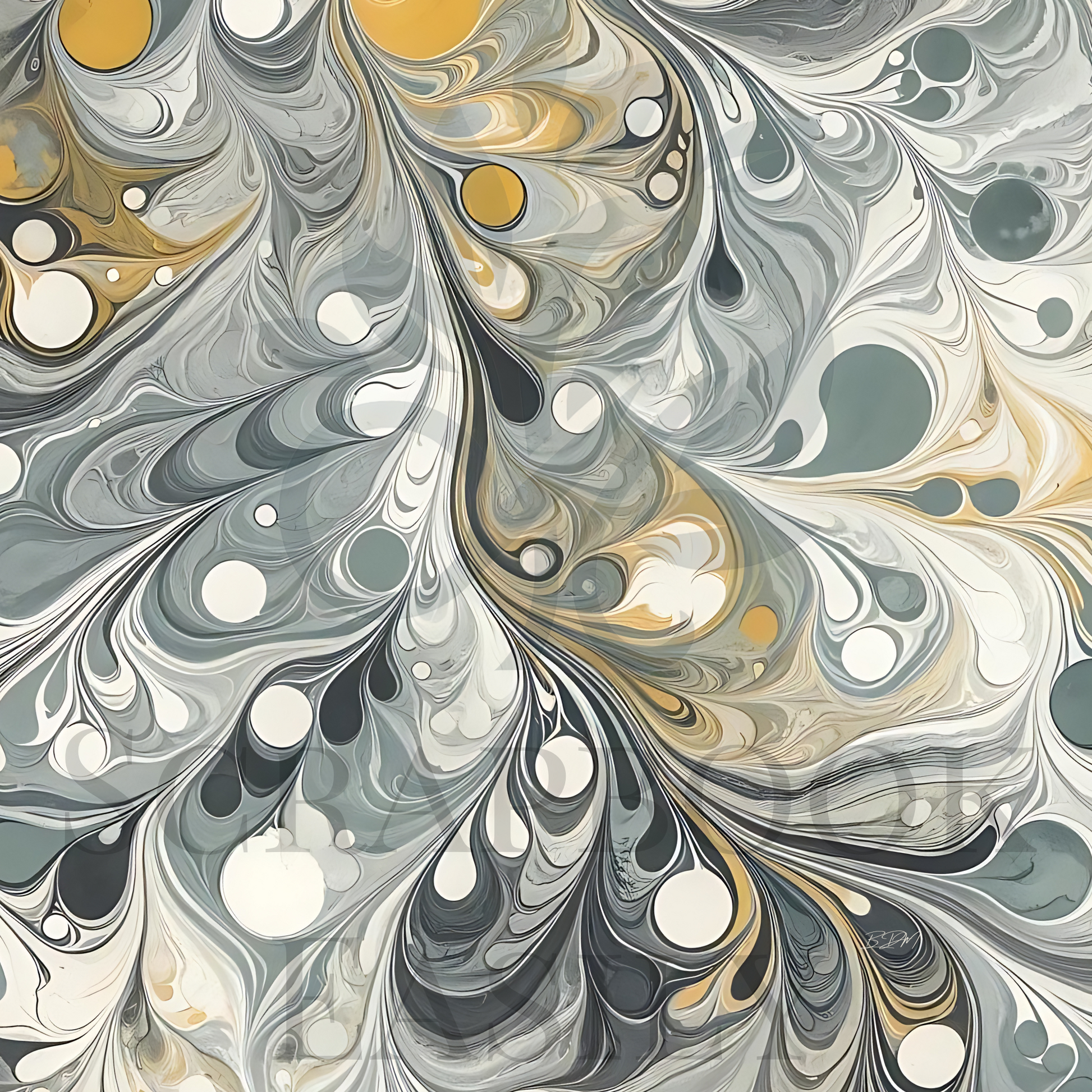 Get inspired by Scrapbook Easily's Marbled Ink 1, featuring elegant swirls of grey, white, & yellow, perfect for enriching any scrapbook design.