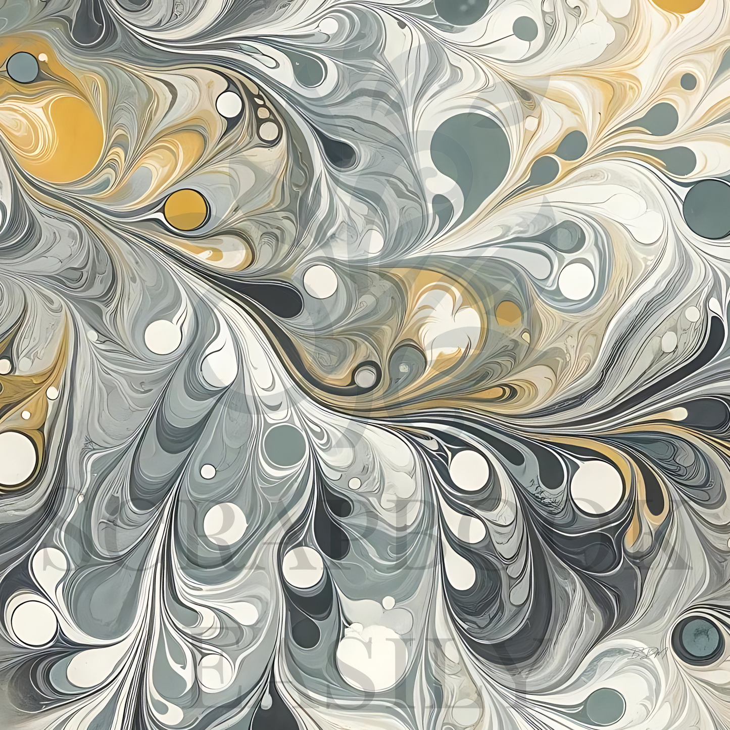 Scrapbook Easily's Marbled Ink 1: a captivating digital scrapbook paper with swirls of grey & pops of yellow, ideal for both hobbyists & professional creators.