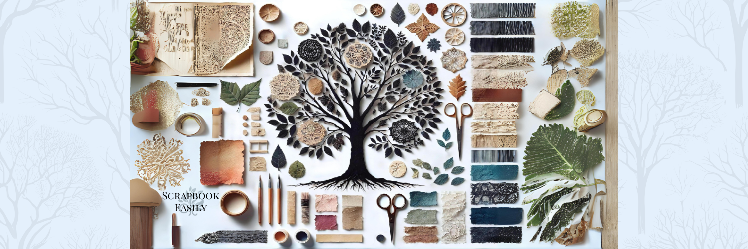 Artwork tree crafted with precision knife tipped pens, surrounded by a rich array of crafting materials & textures. Available at Scrapbook Easily.