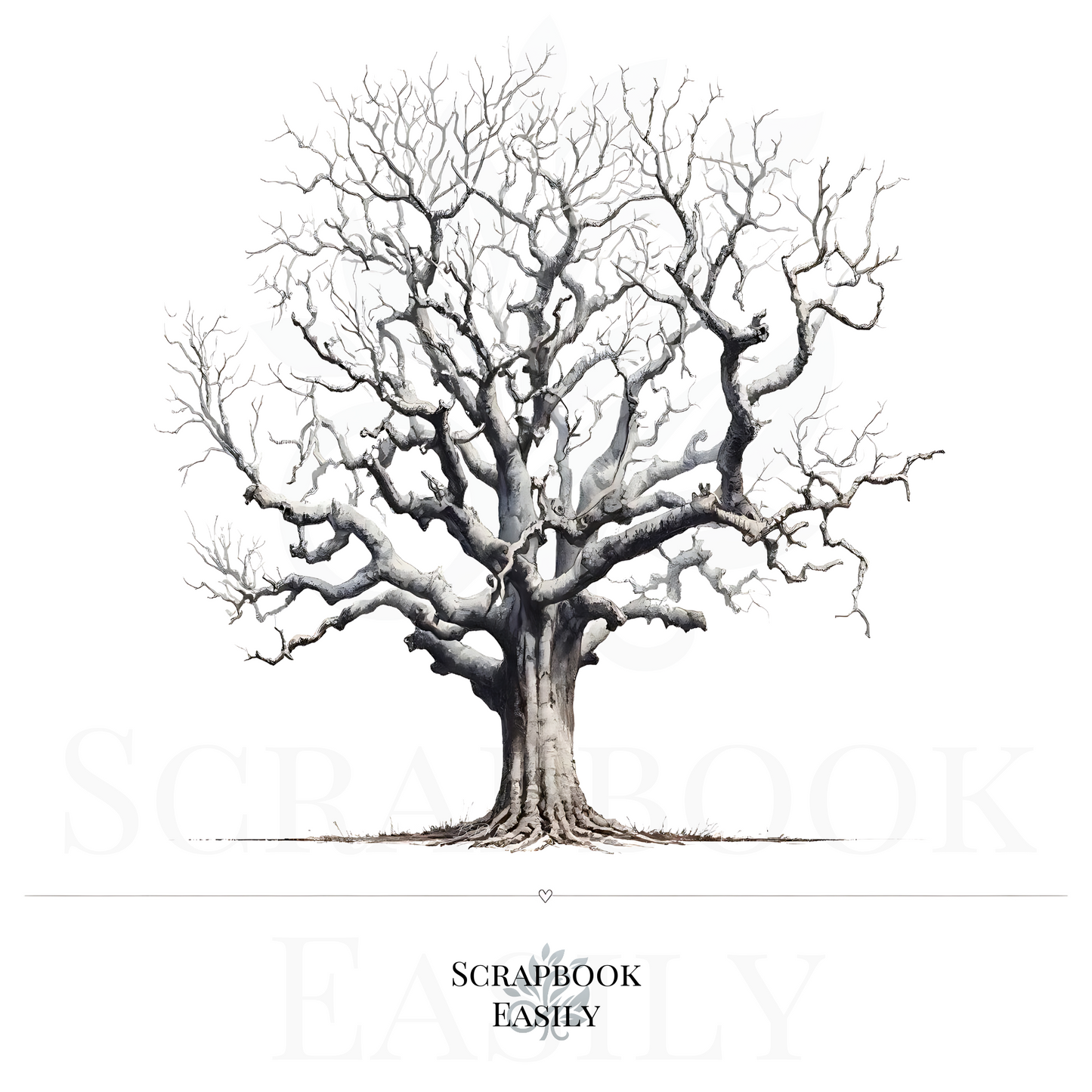 Artistic rendering of a Moreton Bay Fig Tree by Scrapbook Easily, depicted in grayscale with detailed, sprawling branches & a thick trunk. Ideal for various uses such as sophisticated nature-themed decor, educational visuals, & creative crafting or scrapbooking. Also suitable for fingerprint tree art at special events, offering a unique way for guests to leave a personal touch. Customize this serene tree artwork using watercolor pencils to enhance any setting or project.