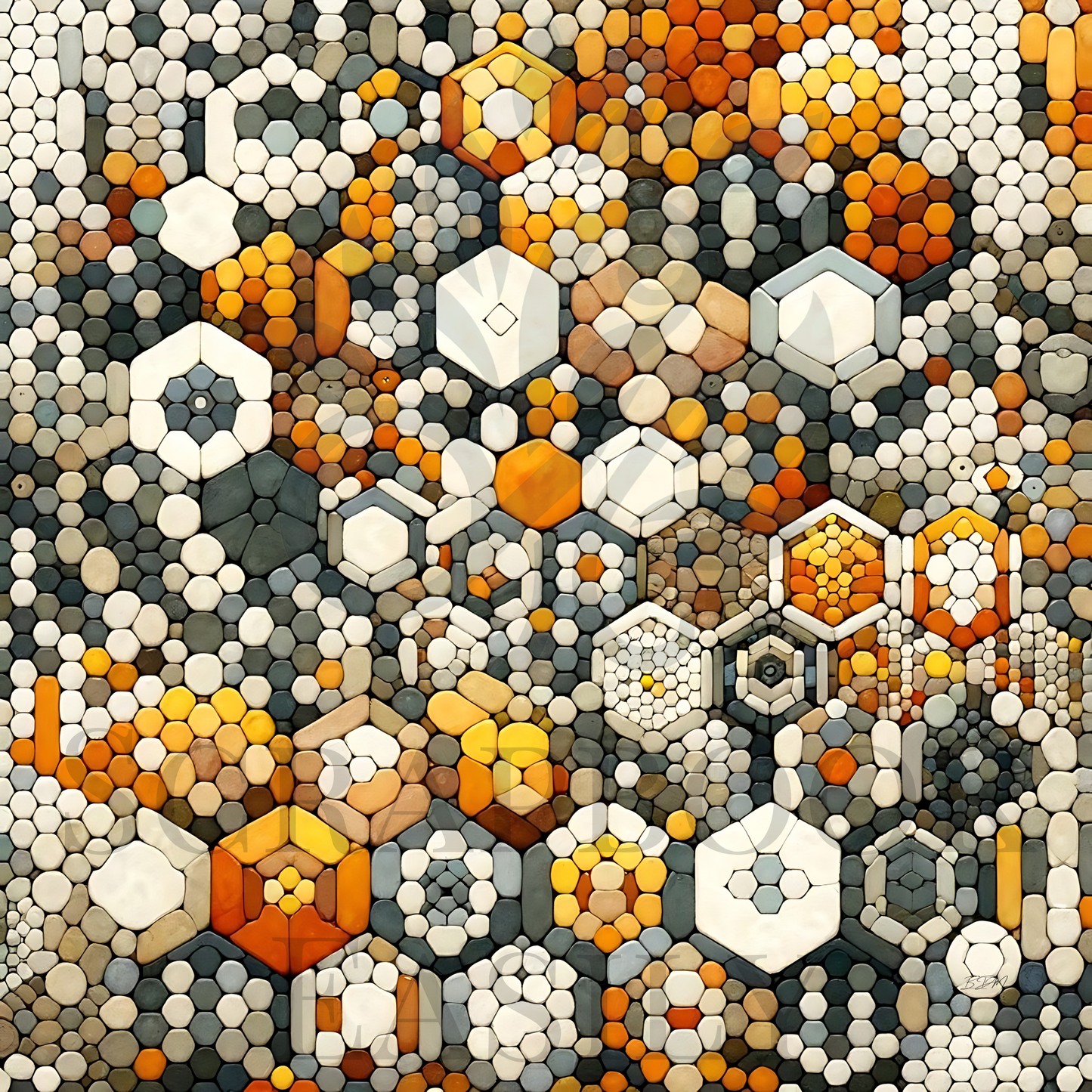 Scrapbook Easily presents Mosaic 1 digital paper, a complex array of hexagons in shades of grey, orange, & white, ideal for creative scrapbooking. Visit www.scrapbookeasily.com for downloadable content.