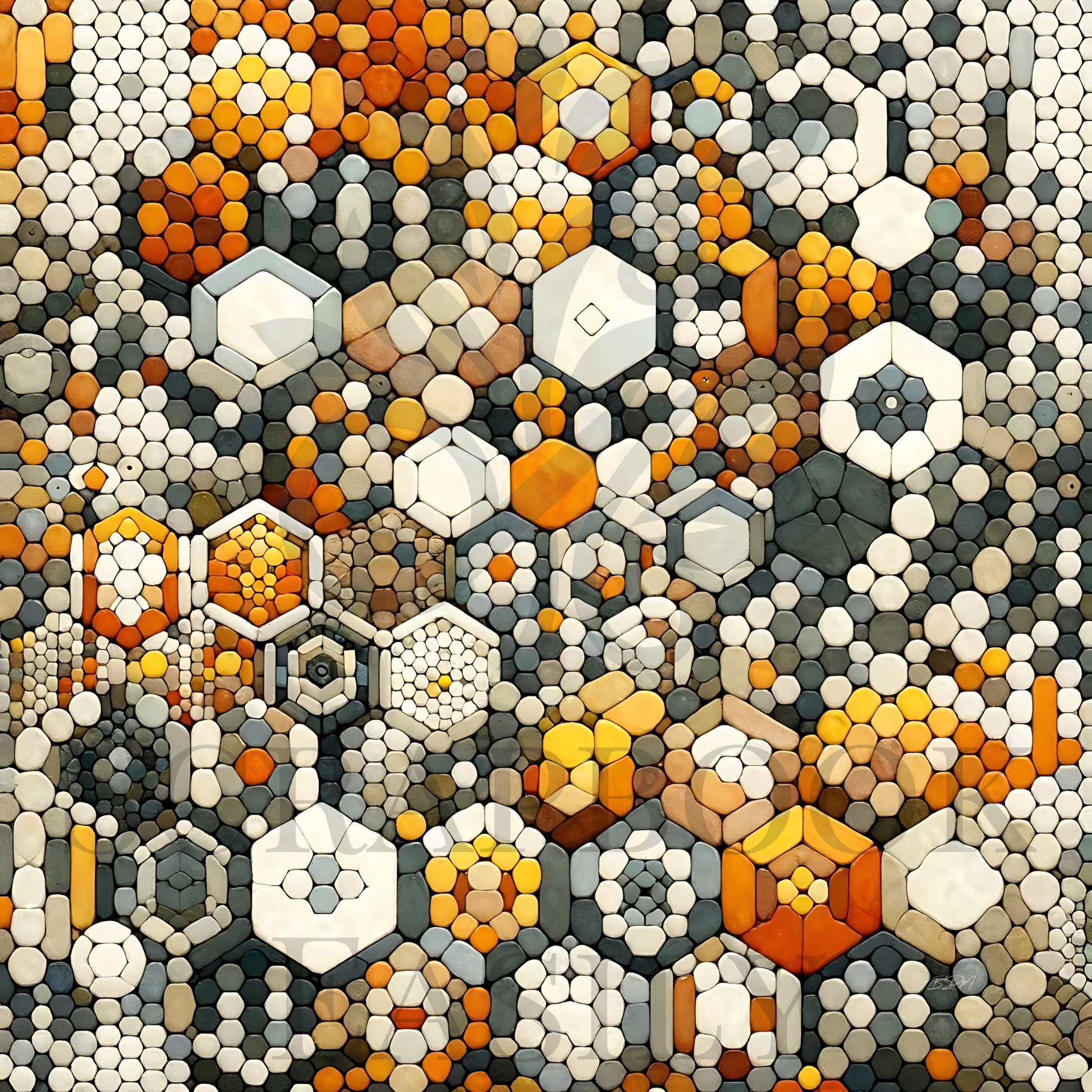 Download this high-quality mosaic digital scrapbooking paper from Scrapbook Easily, featuring a detailed pattern of hexagonal tiles in autumn hues. Available in PDF & PNG formats at www.scrapbookeasily.com.