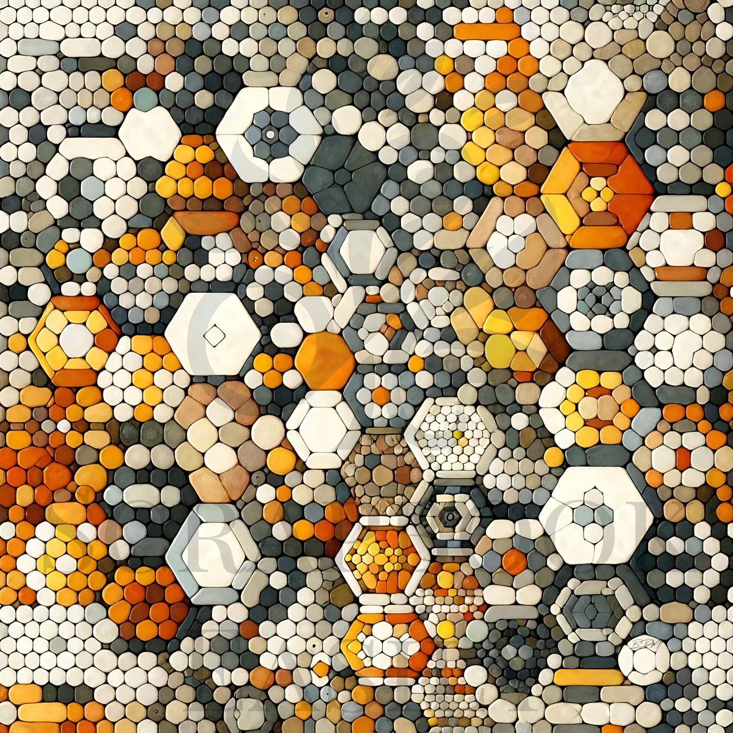 Enhance your scrapbooking projects with Scrapbook Easily’s Mosaic 1, showcasing an intricate mosaic of hexagons in earthy tones. Secure your copy today at www.scrapbookeasily.com.