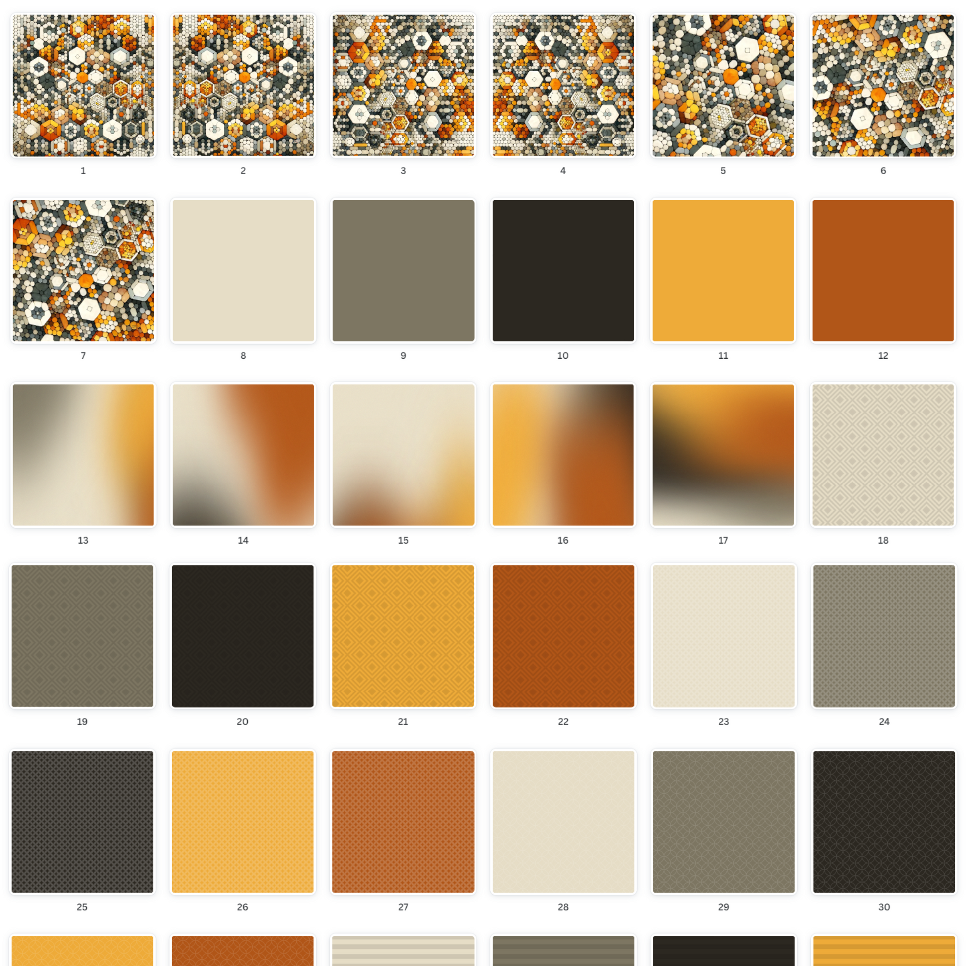 Artwork Paper Set containing geometric mosaic of hexagonal & circular tiles in shades of grey, white, & amber, perfect for professional & home printing. Ideal for digital scrapbooking at Scrapbook Easily.