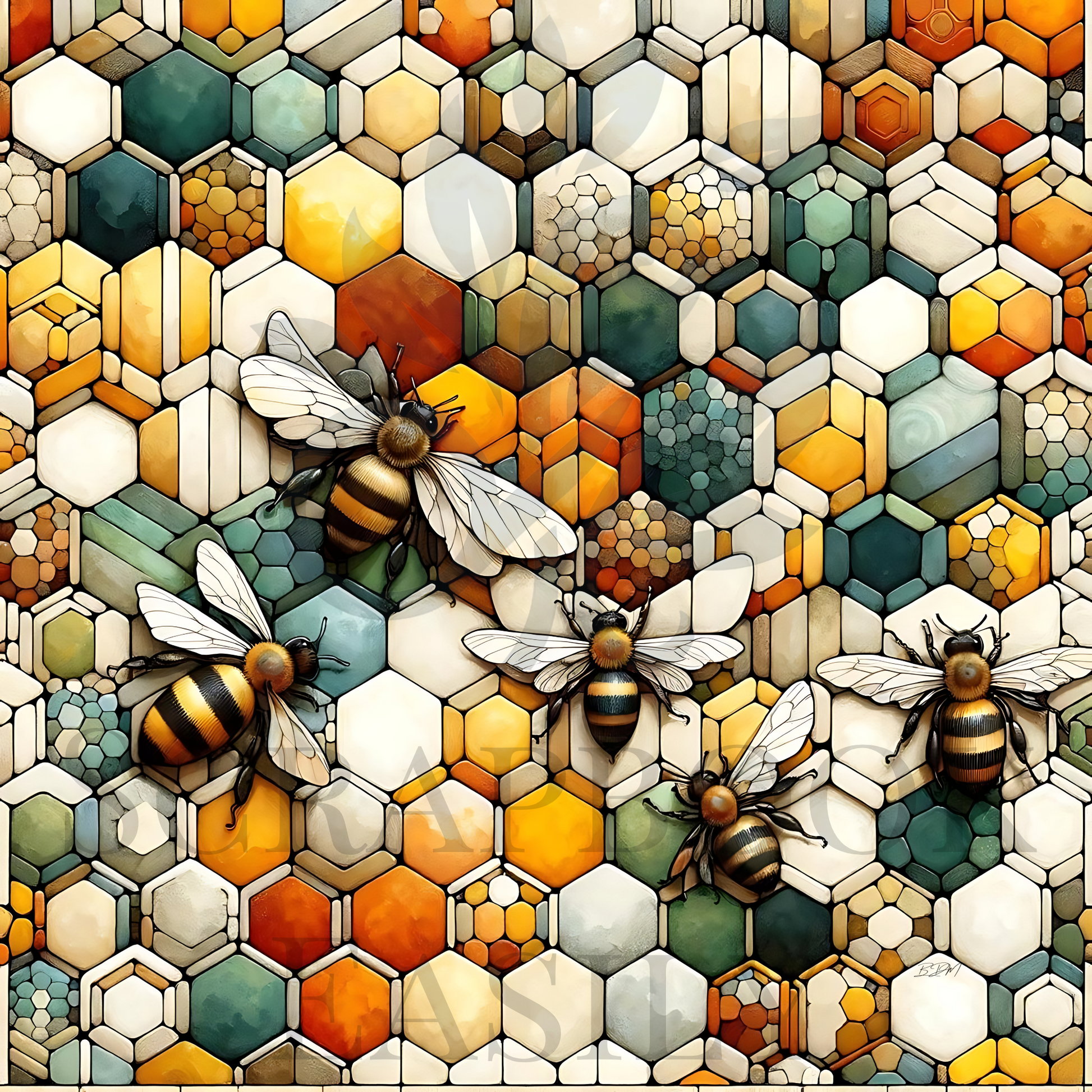 High-resolution printable scrapbooking paper featuring a vibrant honeycomb design with detailed bees, perfect for creative crafts, digital design, & home printing projects.