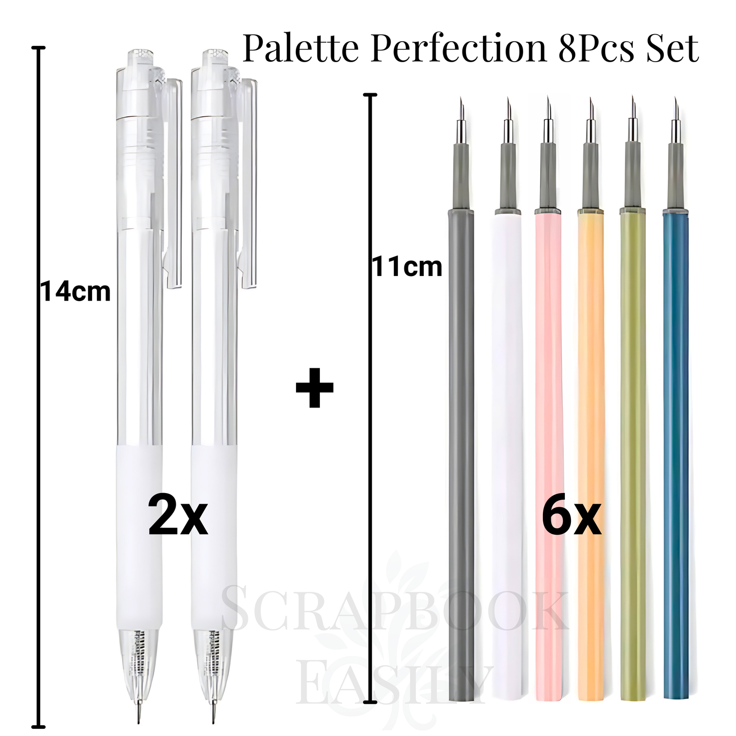 Palette Perfection 8-piece set of craft knives, featuring two retractable precision knives & six fine-tip knives in pastel colours including pink, golden peach, sage, & skyline blue, perfect for detailed cutting in scrapbooking & crafting, available for online purchase.