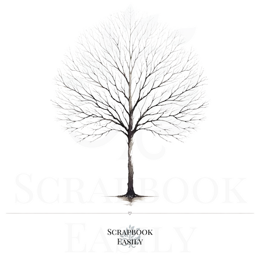 Elegant digital artwork of a Paper Birch Tree by Scrapbook Easily, presented in a monochrome style with finely detailed branches radiating from a slender trunk. Perfect for enhancing decor with a serene, nature-themed touch, enriching educational projects with detailed environmental illustrations, or adding a unique backdrop in ancestry scrapbooking. Also ideal for creating personalised fingerprint tree art. Customise with watercolour pencils to suit any creative or decorative need.