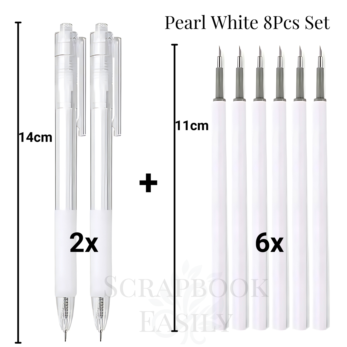 Pearl White 8-piece precision craft knife set, featuring two retractable pen knives with sleek white handles & six matching white refill blades, ideal for detailed paper cutting in scrapbooking, available for online purchase.