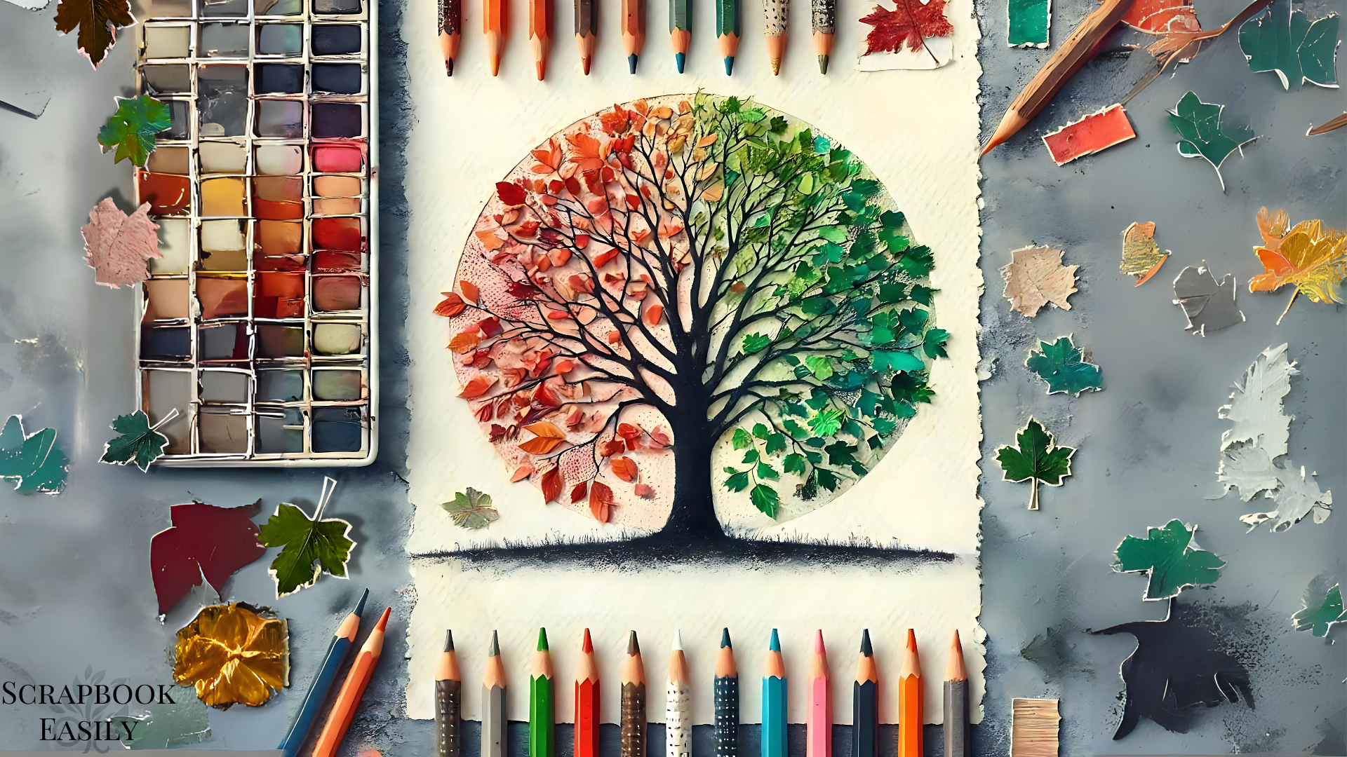 Artistic tree collage crafted with oil coloured pencils, ideal for custom artwork. Find your crafting supplies at Scrapbook Easily.