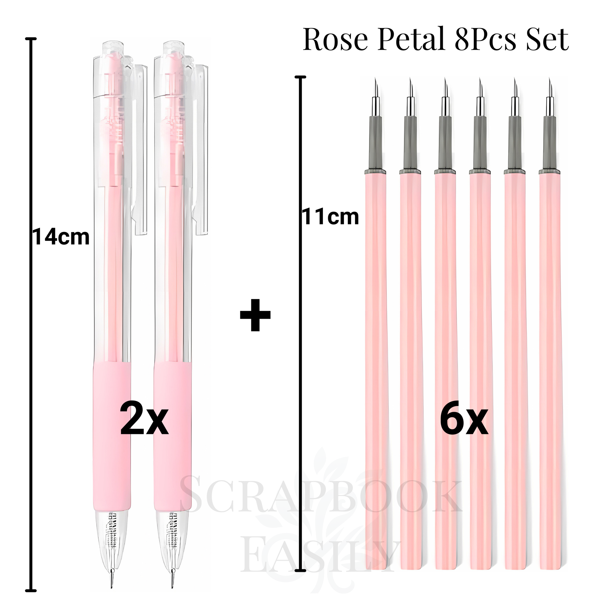 Rose Petal 8-piece precision craft knife set, featuring two retractable pen knives with soft pink handles & six refill blades in delicate rose stripes, perfect for detailed cutting in scrapbooking & artistic projects, available for online purchase.