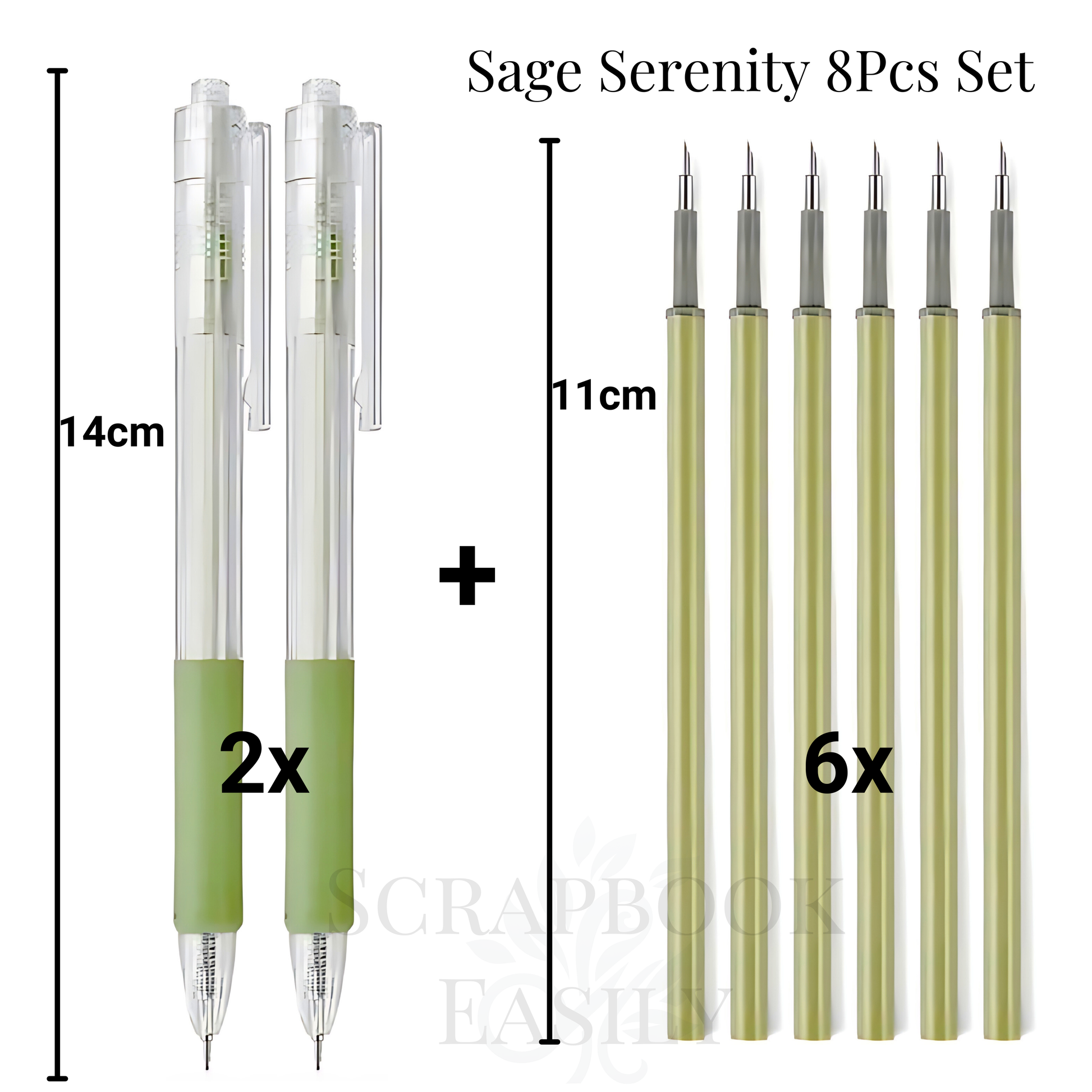 Sage Serenity 8-piece precision craft knife set, featuring two retractable pen knives with sage green handles & six refill blades in a gradient of soft green shades, ideal for meticulous paper cutting tasks in scrapbooking & crafting, available for online purchase.