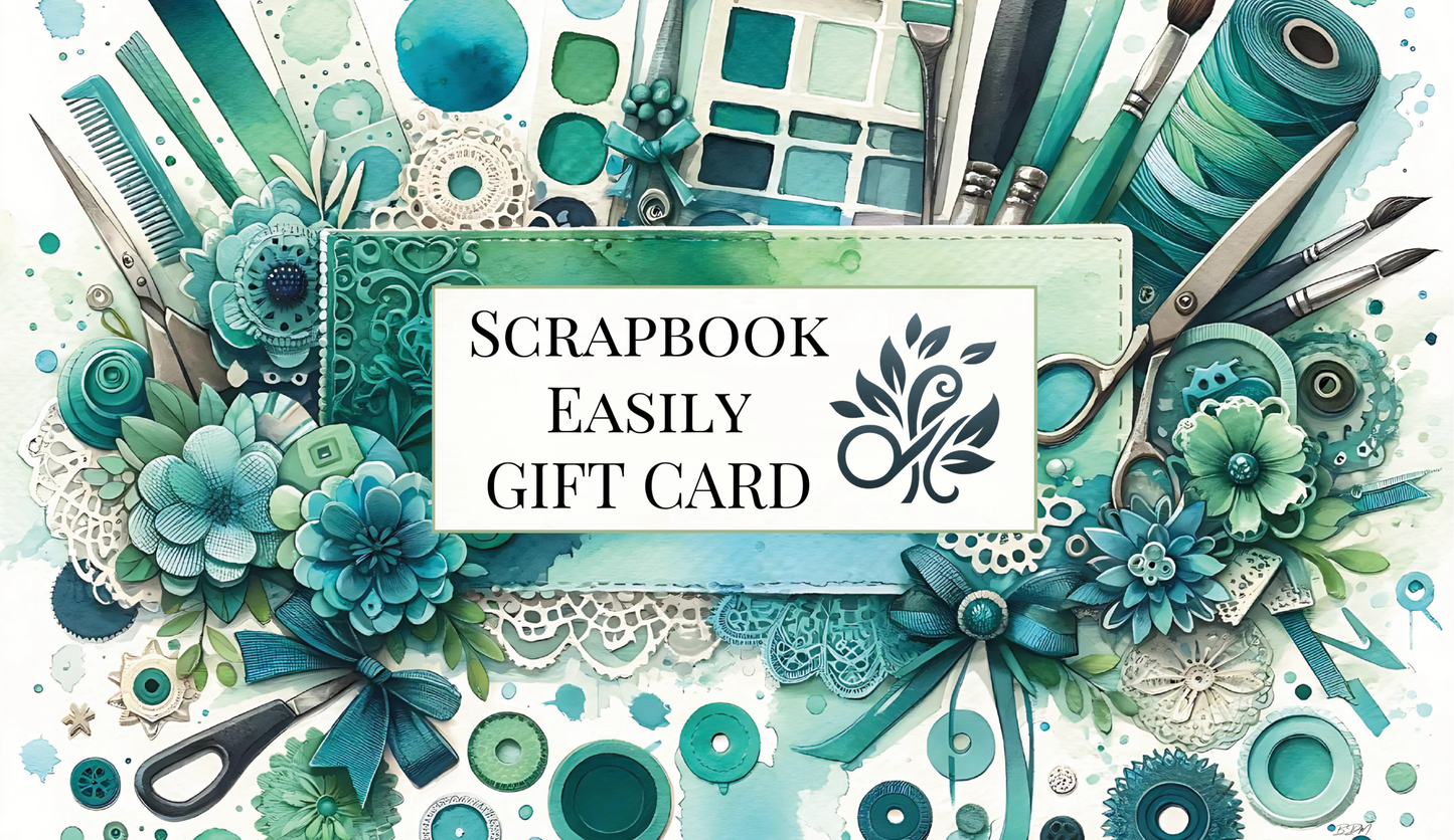 The vibrant & artistic image displays a gift card for "Scrapbook Easily" with a decorative scrapbooking theme. The background is a collage of craft items in teal & green, such as paper rolls, ribbons, & scissors, centered around a label with the shop's name.