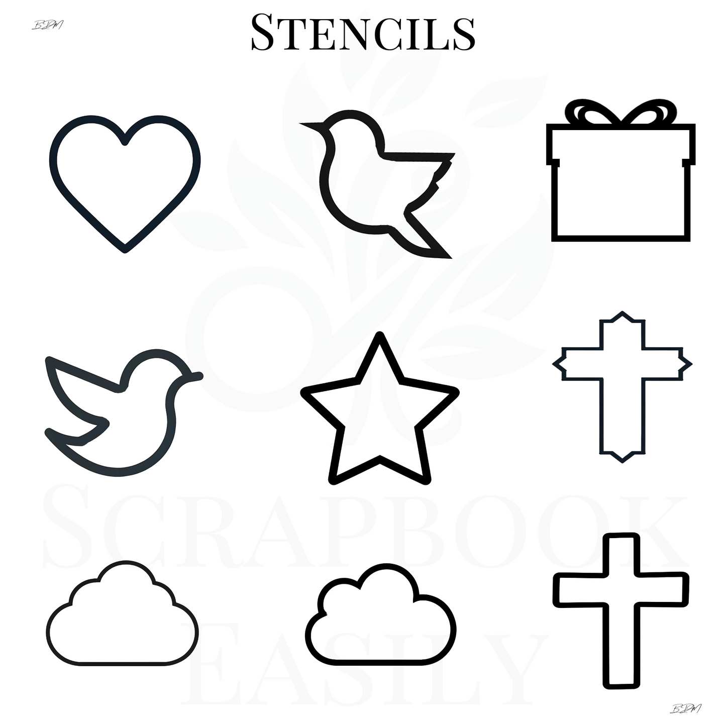 Versatile stencil sheet featuring simple outlines ideal for scrapbooking: heart, dove, bird, star, gift box, crosses, & clouds. Perfect for custom labels or adding decorative touches to the Arboreal Majesty Tree Artwork Sets, available for download & cut-out at Scrapbook Easily.