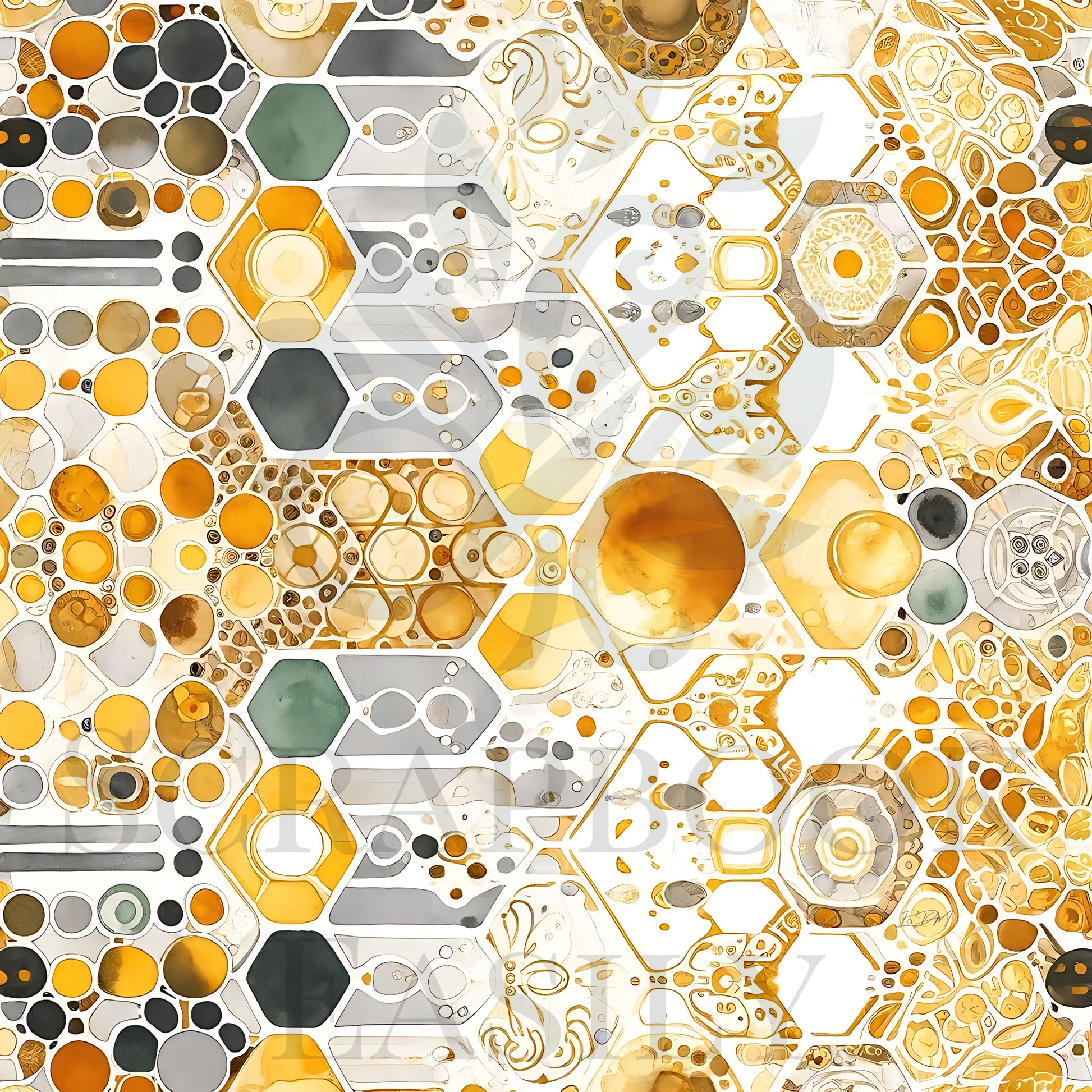 Unique scrapbooking digital background featuring a blend of honey-inspired patterns & abstract geometric shapes in warm gold & neutral tones, perfect for creative projects, available for download & print.