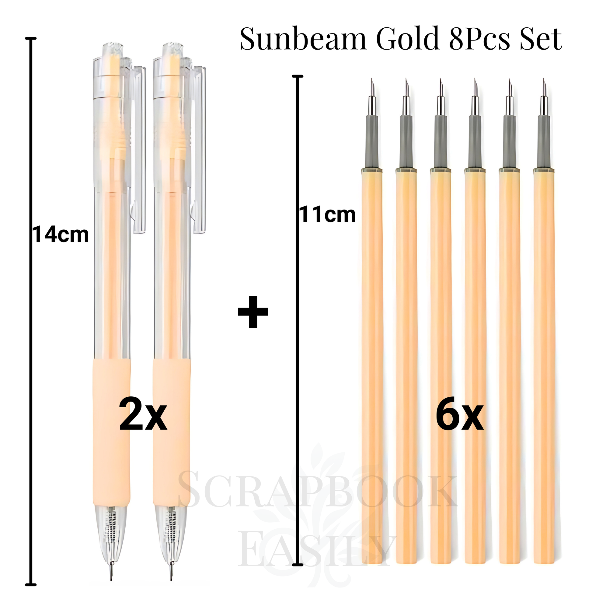 Sunbeam Gold 8-piece precision craft knife set, featuring two retractable pen knives with golden peach handles & six refill blades in warm golden hues, perfect for detailed cutting in scrapbooking & crafting projects, available for online purchase.