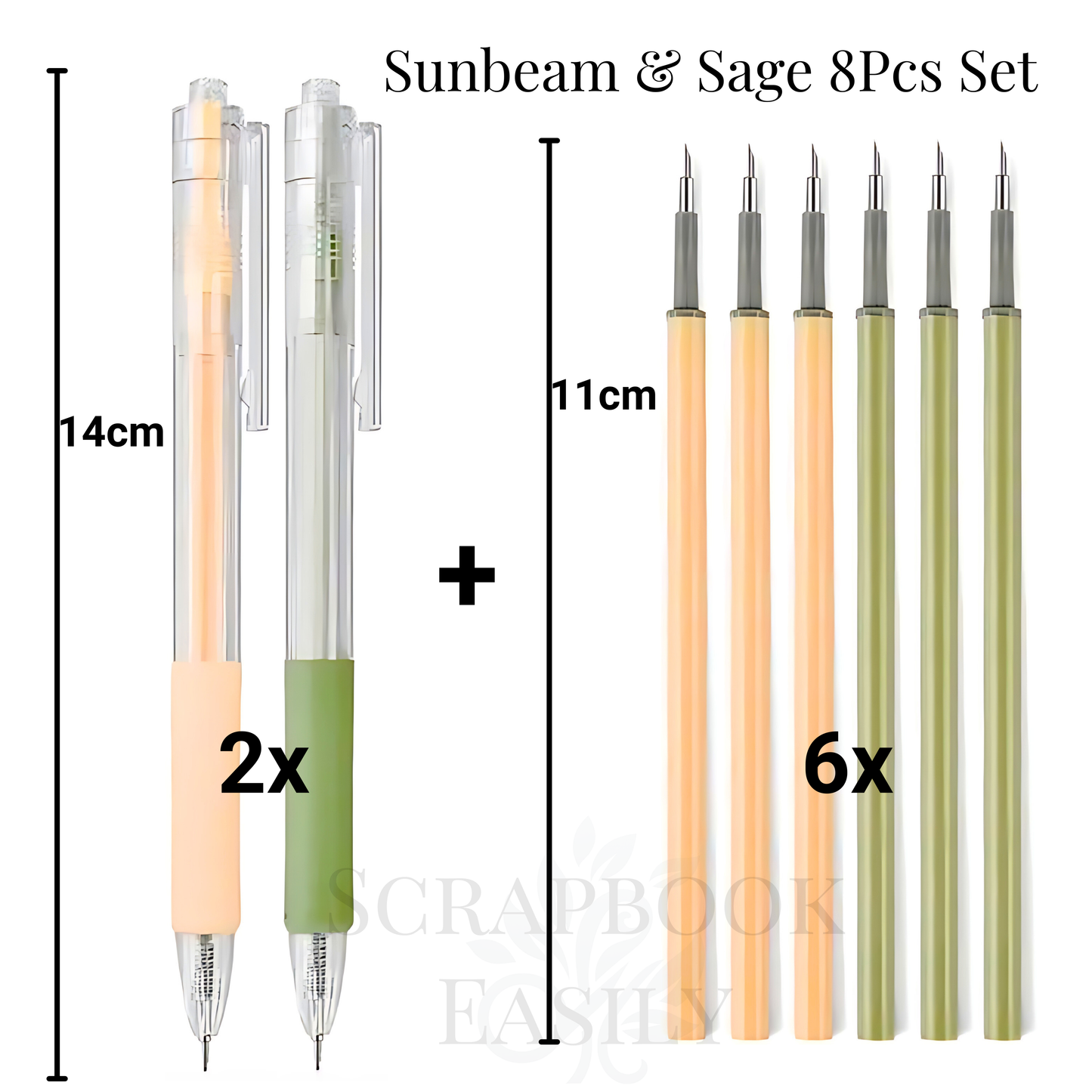 Sunbeam & Sage 8-piece set of craft cutting tools, including two retractable pen knives in golden peach & sage, plus six refill blades in a gradient of soft golden & green shades, ideal for precision cutting in scrapbooking & other creative projects, available for online purchase.