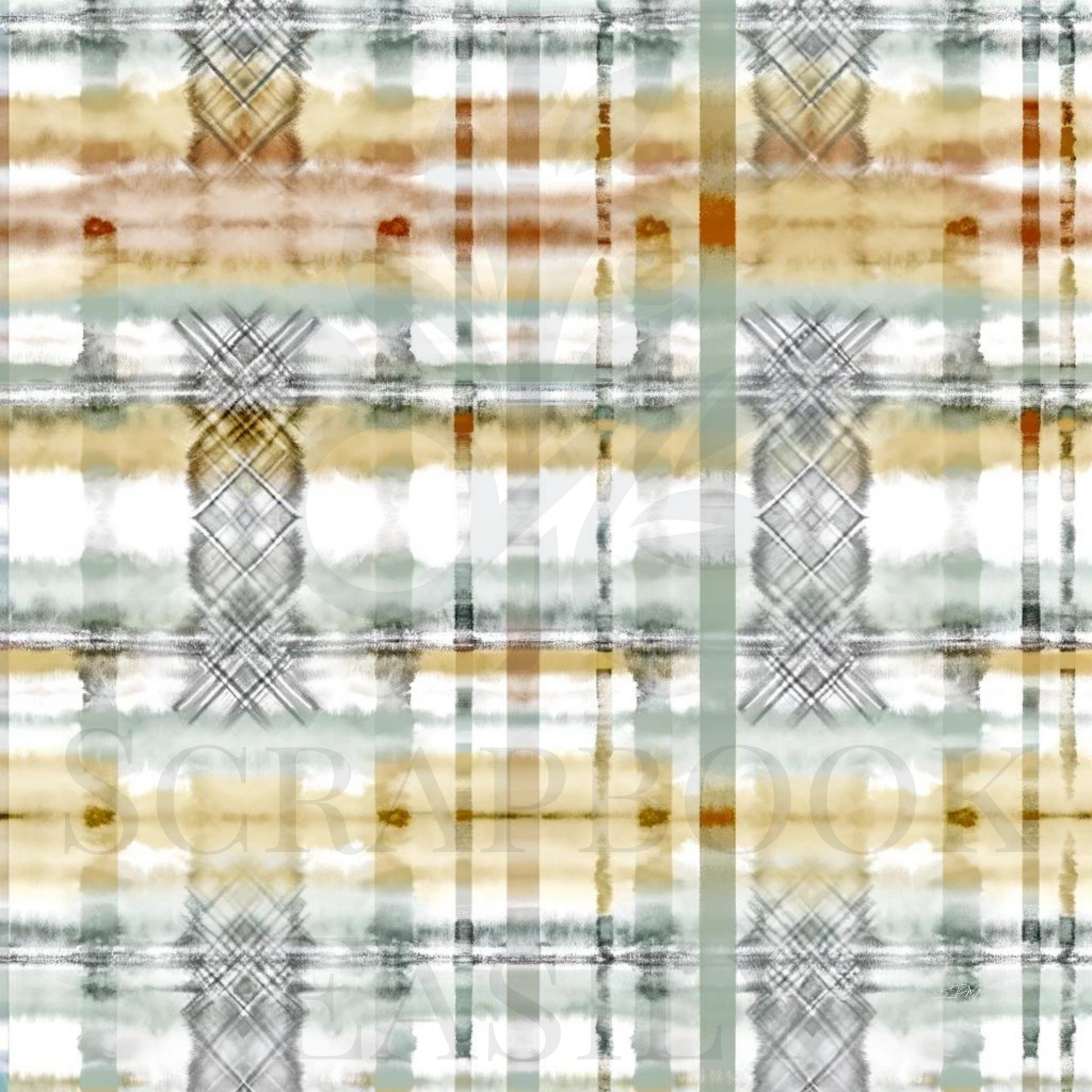 Downloadable digital scrapbook paper with a rustic plaid pattern in earthy tones, blending beige, olive, & gray with watercolor textures – ideal for creative print projects.