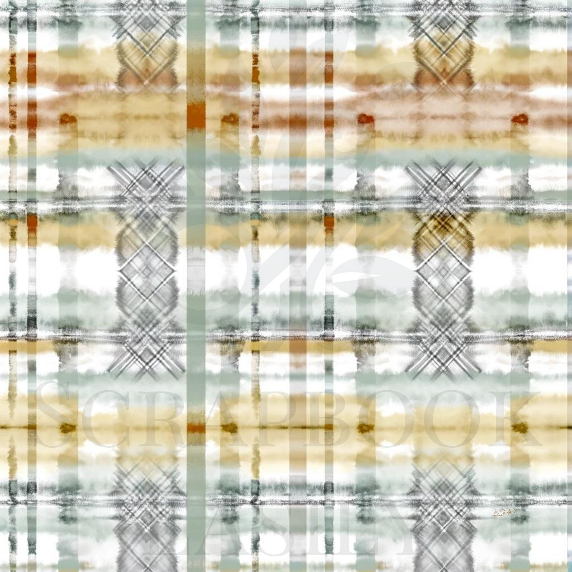 Printable scrapbooking background with a muted plaid design, featuring soft washes of cream, tan, & sage, perfect for digital scrapbook layouts & craft printing.