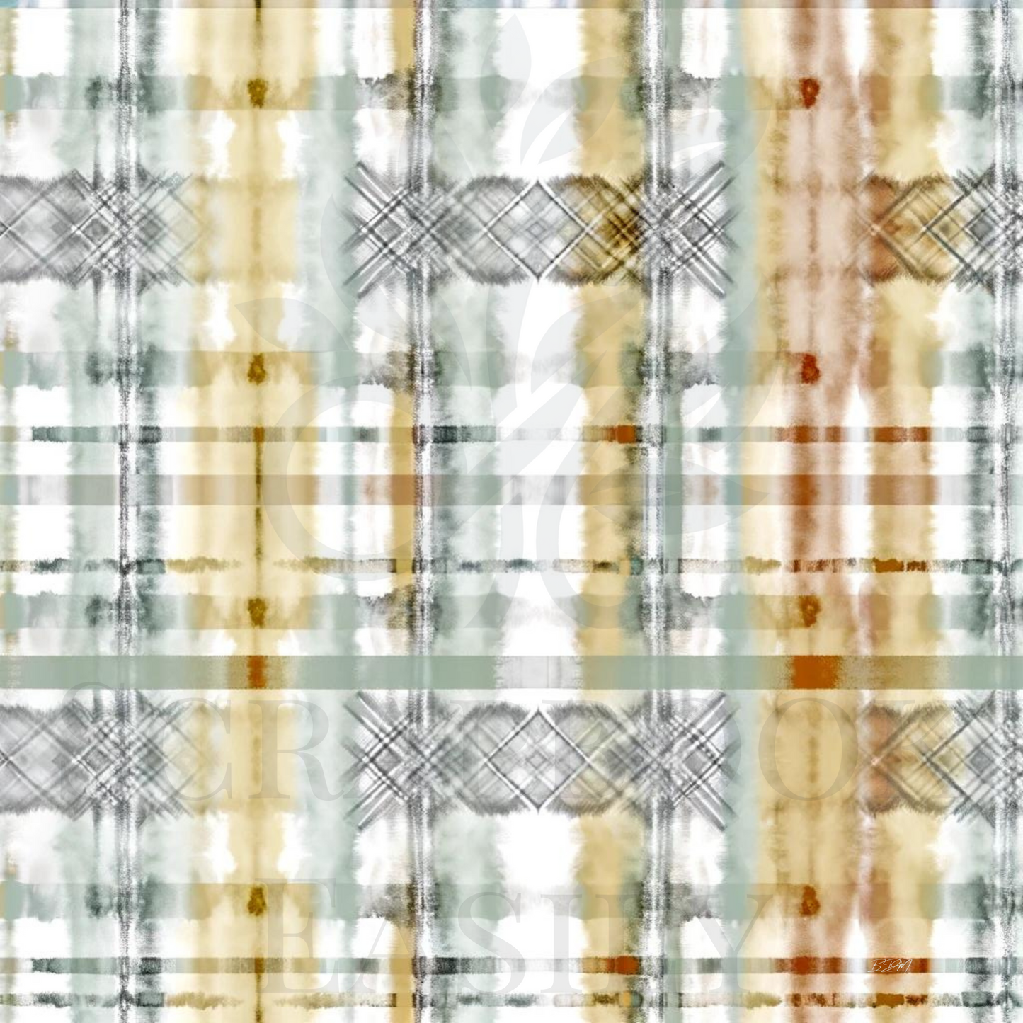 Online scrapbook supply with a vintage plaid print, merging splashes of gold, khaki, & moss, for digital download & print, suitable for unique crafting ideas.