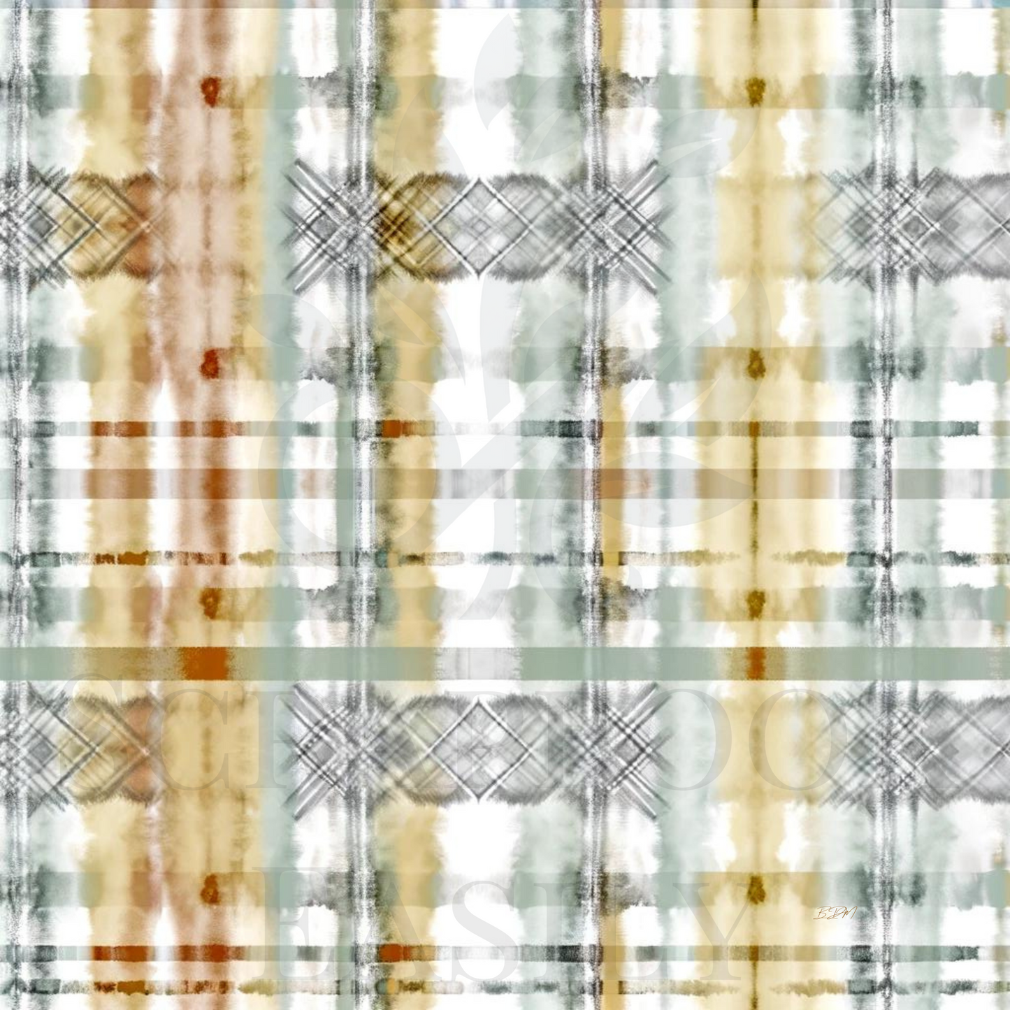 Elegant plaid watercolor pattern in soft beige & muted greens, perfect for digital scrapbooking & printable crafts.