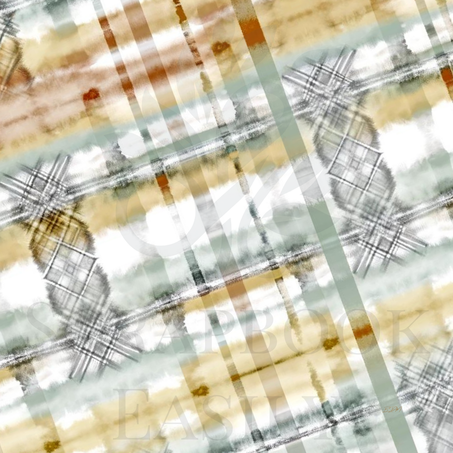 Discover Scrapbook Easily's Tartan 1, featuring intricate plaid patterns overlaid with translucent watercolour smudges in a harmonious palette of greens, beiges, & greys, perfect for enhancing your scrapbooking projects.