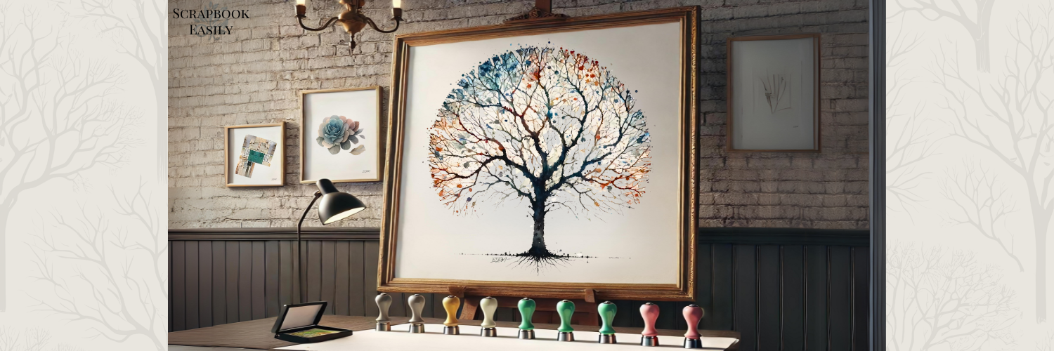 Artwork of a vividly coloured tree, painted with watercolour pencils, showcased in a gallery-like setting at Scrapbook Easily, enhancing home decor & creative expression.
