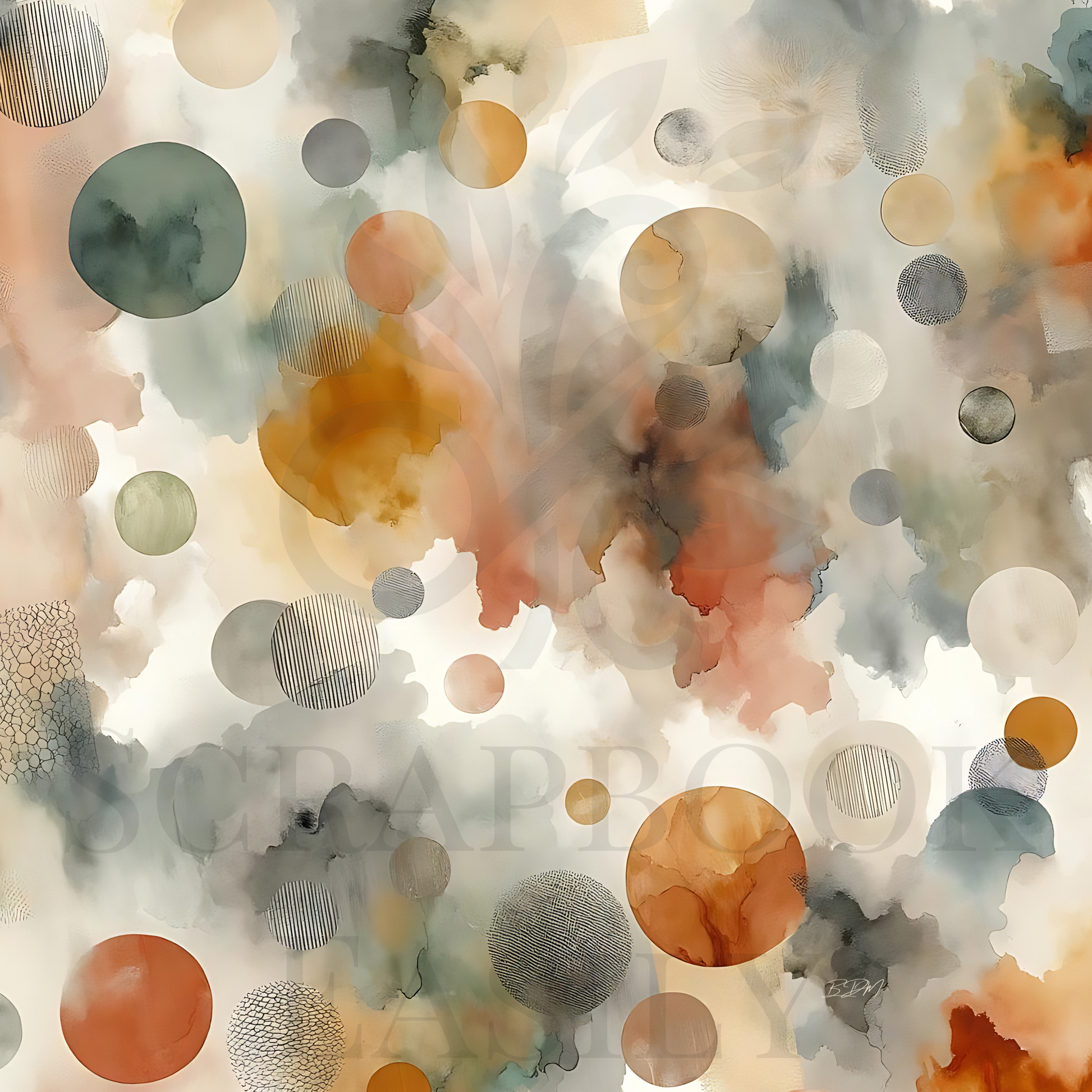 Softly blended watercolours with abstract circular motifs, available for download & print at Scrapbook Easily, perfect for home decor or scrapbooking.