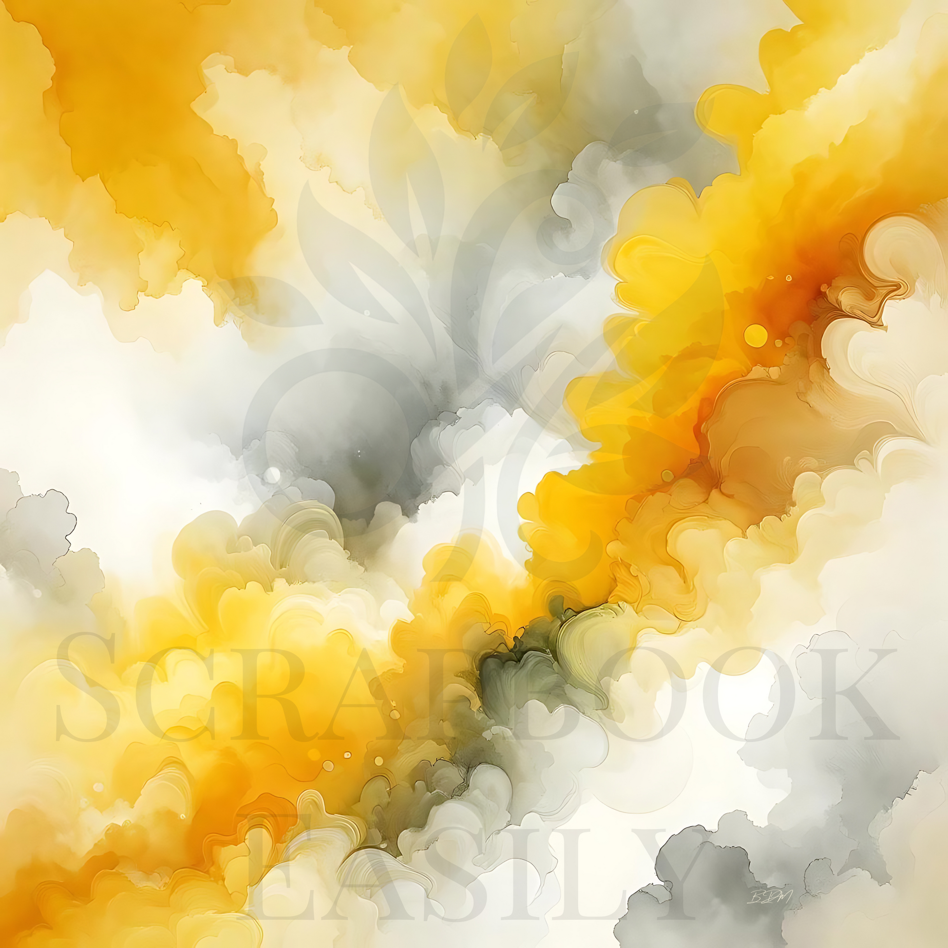 Printable scrapbook background with ethereal watercolor clouds in yellow & grey, perfect for creative projects.