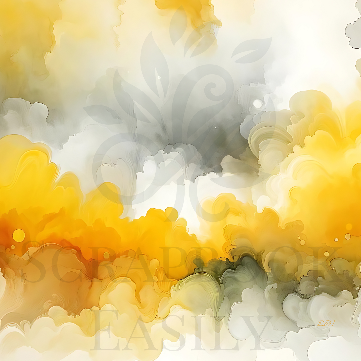 Seamless watercolor pattern for scrapbooking, featuring dreamy clouds in a vibrant yellow & tranquil gray.