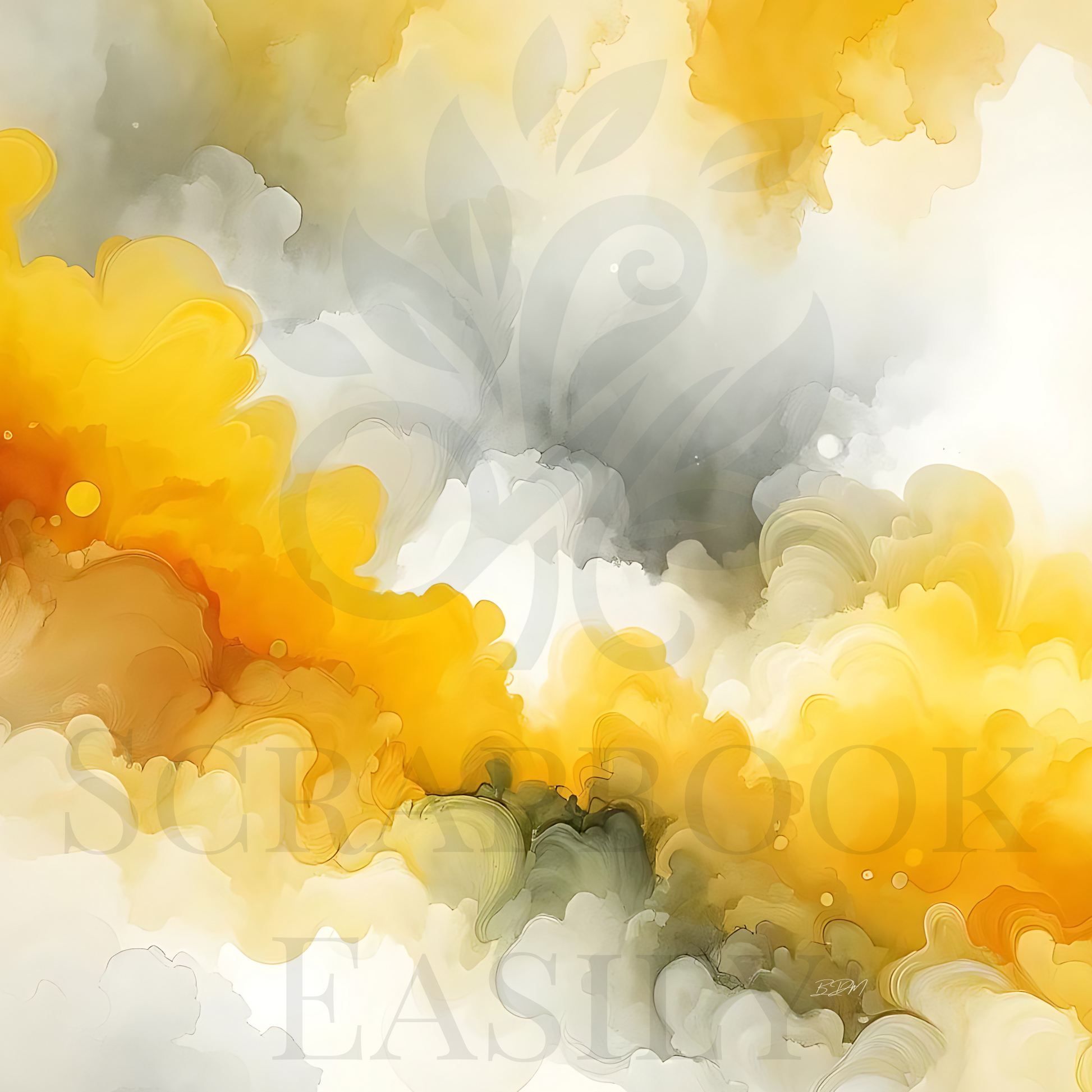 Golden-yellow watercolor digital background, with flowing ink patterns for personalizing scrapbook pages.