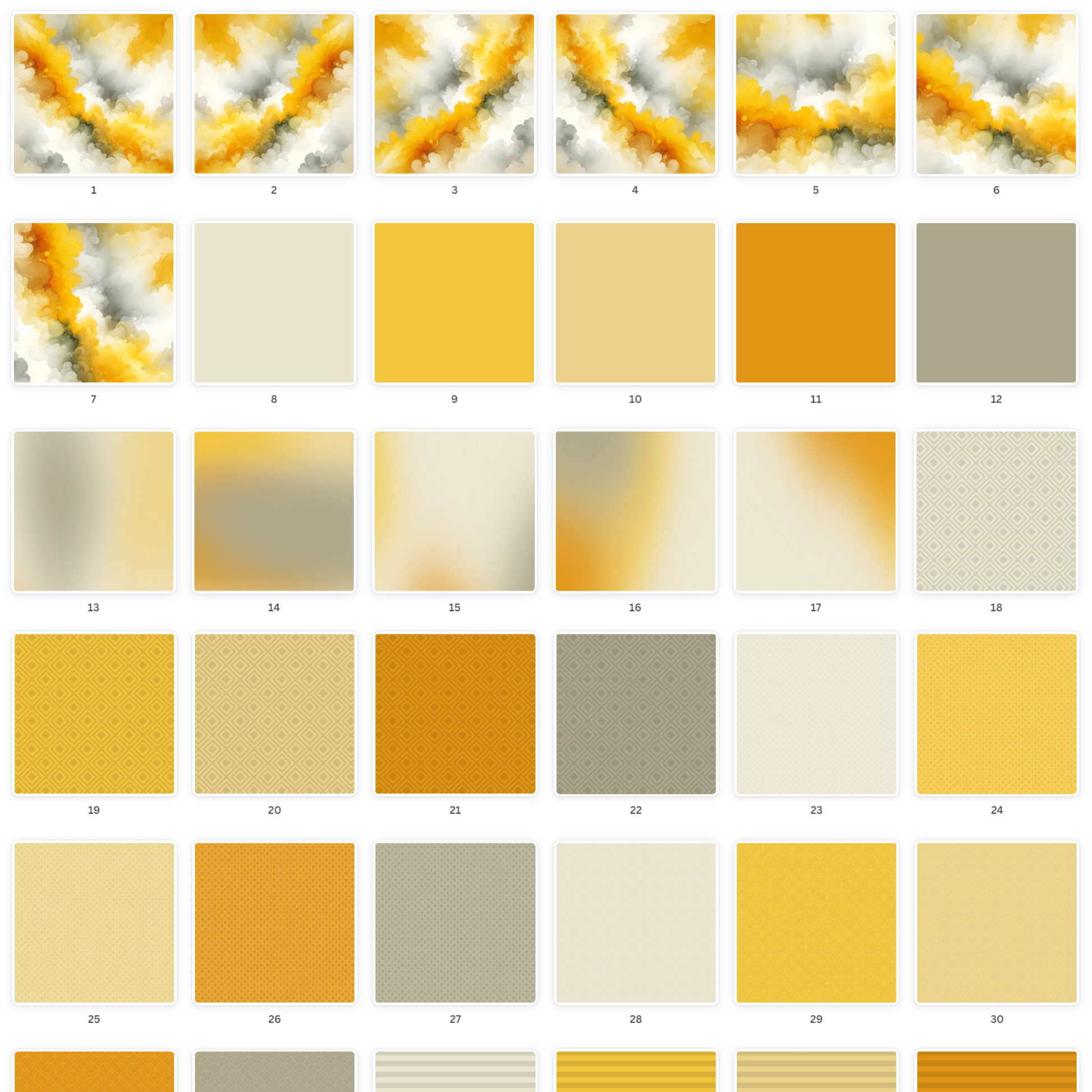 Digital scrapbooking background set with swirling clouds of golden yellow & soft grays, resembling a watercolor sky.