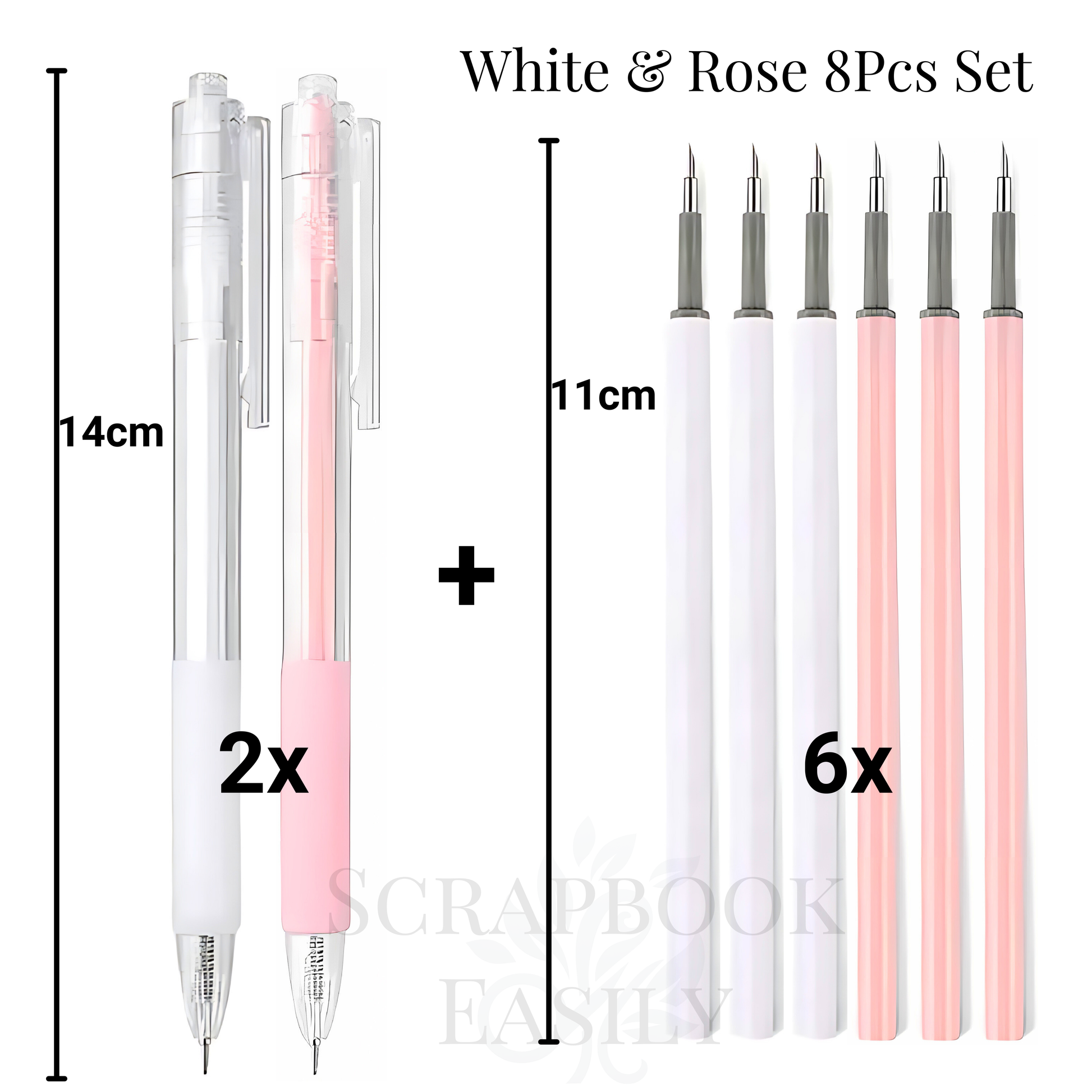 White and Rose 8-piece precision craft knife set, featuring 2 retractable pen knives with white & pink handles & 6 refill blades in a gradient of petal pink & white shades, perfect for detailed cutting in scrapbooking & artwork projects, available for online purchase.